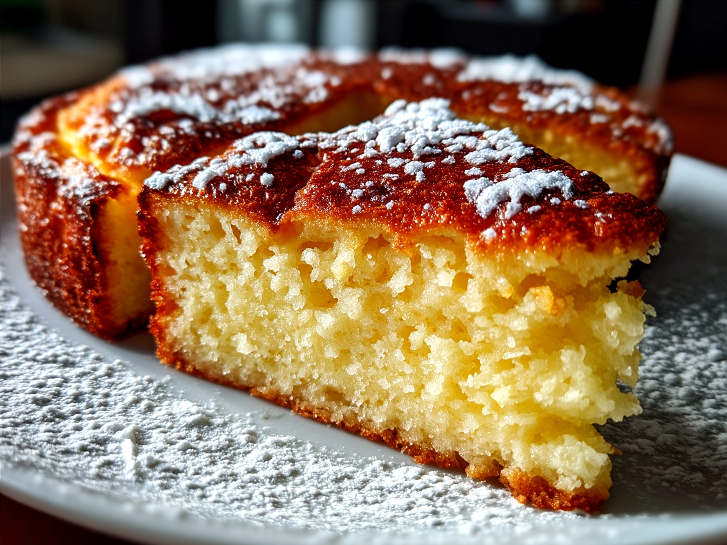 Slice of flourless yogurt cake served on a plate garnished with fresh fruit and honey