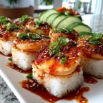 Food blogger, taken with iPhone 14 Pro. Close-up slight angle of delicious spicy shrimp sushi stacks on white plate. Mouthwatering --ar 4:3 --style raw --s 240