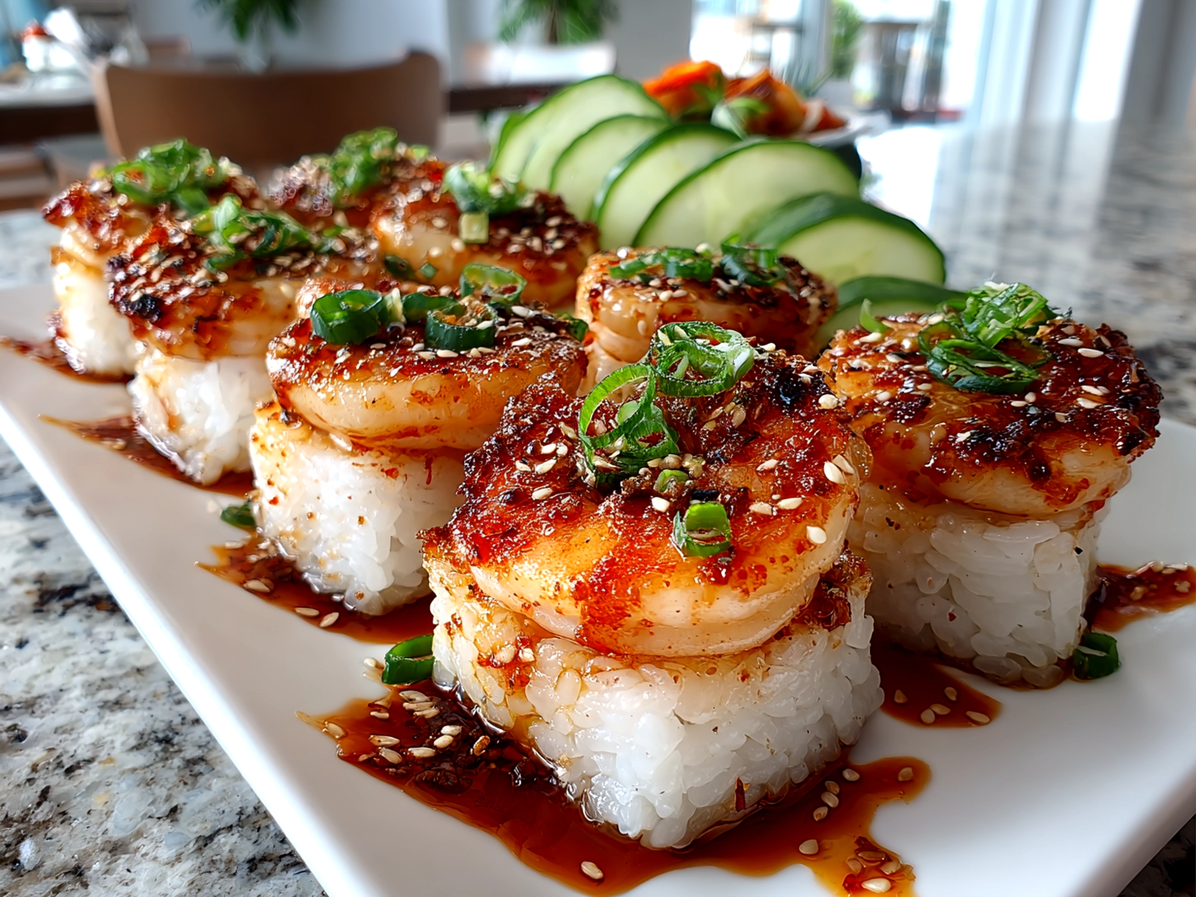 Food blogger, taken with iPhone 14 Pro. Close-up slight angle of delicious spicy shrimp sushi stacks on white plate. Mouthwatering --ar 4:3 --style raw --s 240