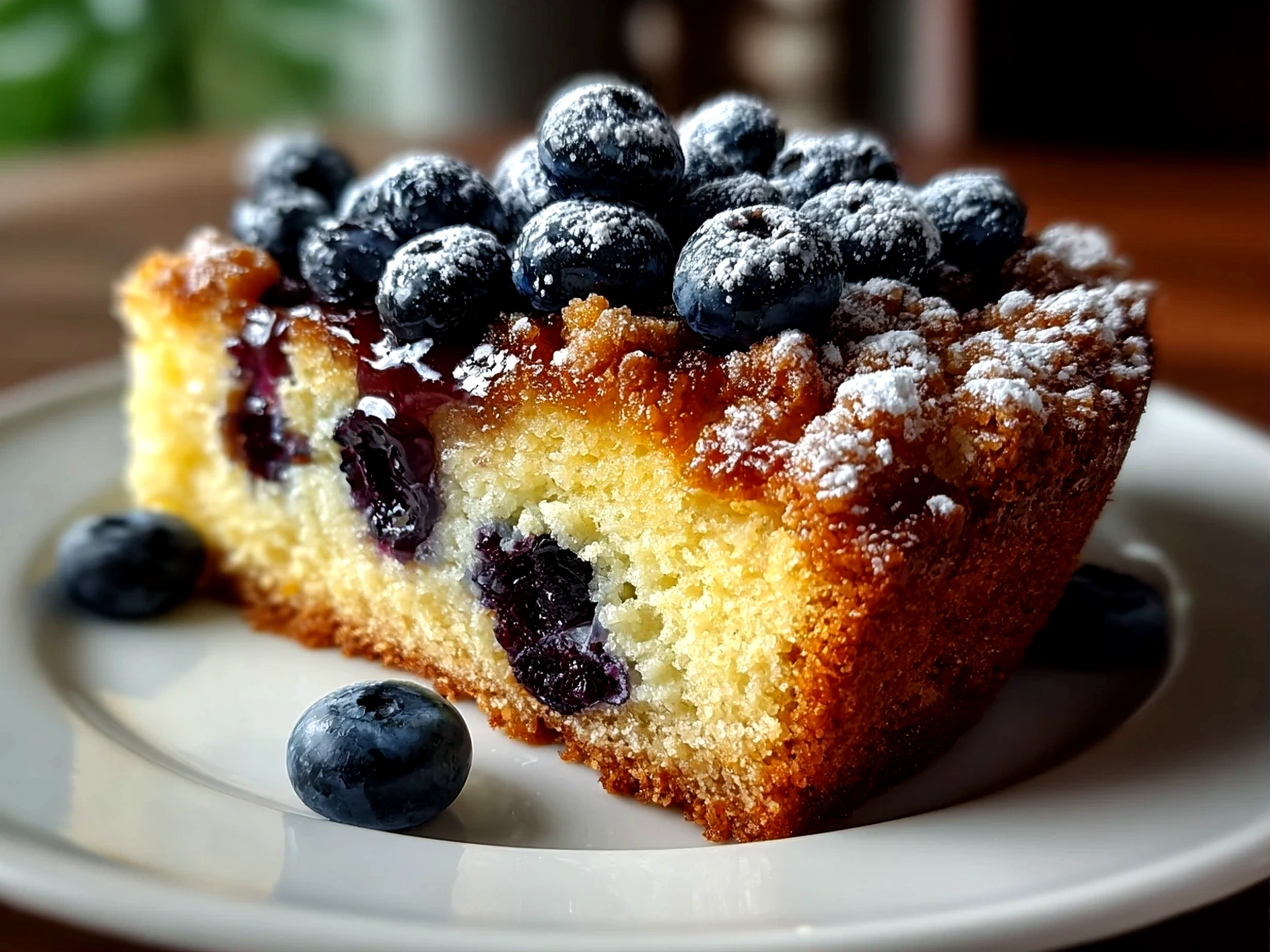 Freshly baked Blueberry Sour Cream Coffee Cake close-up