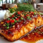 Freshly prepared Bang Bang Salmon plated on modern kitchen counter