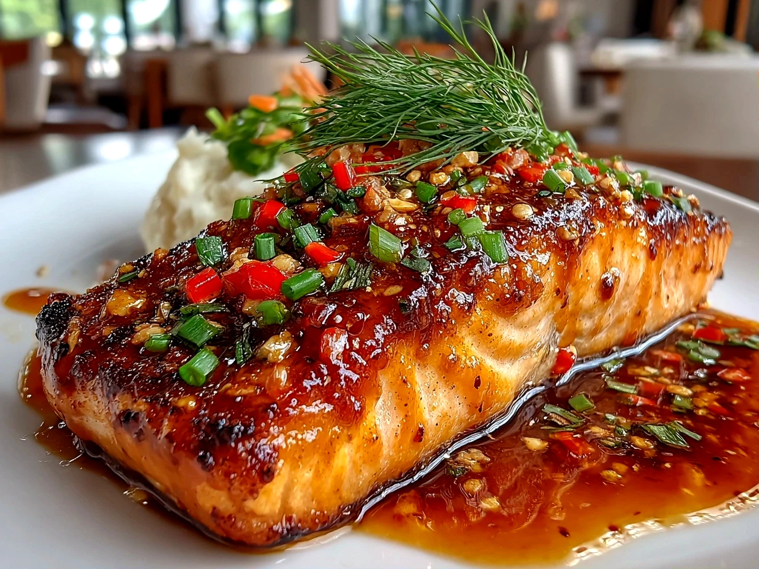 Freshly prepared Bang Bang Salmon plated on modern kitchen counter