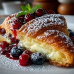 Freshly prepared Berry Croissant Bake on white plate