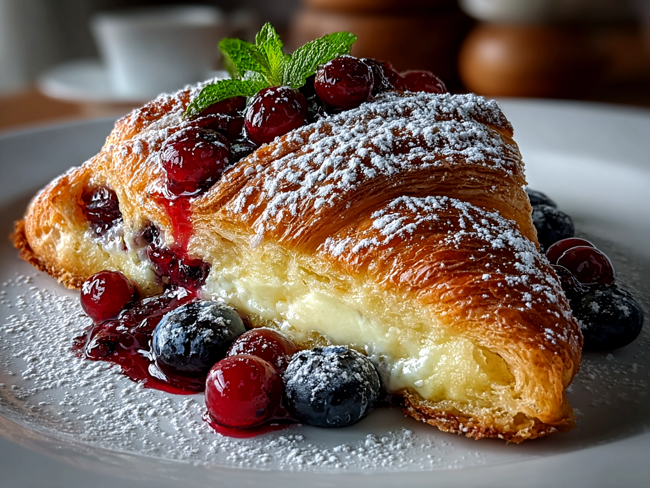 Freshly prepared Berry Croissant Bake on white plate