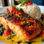 Freshly prepared Caribbean-Style Coconut Curry Salmon on white plate