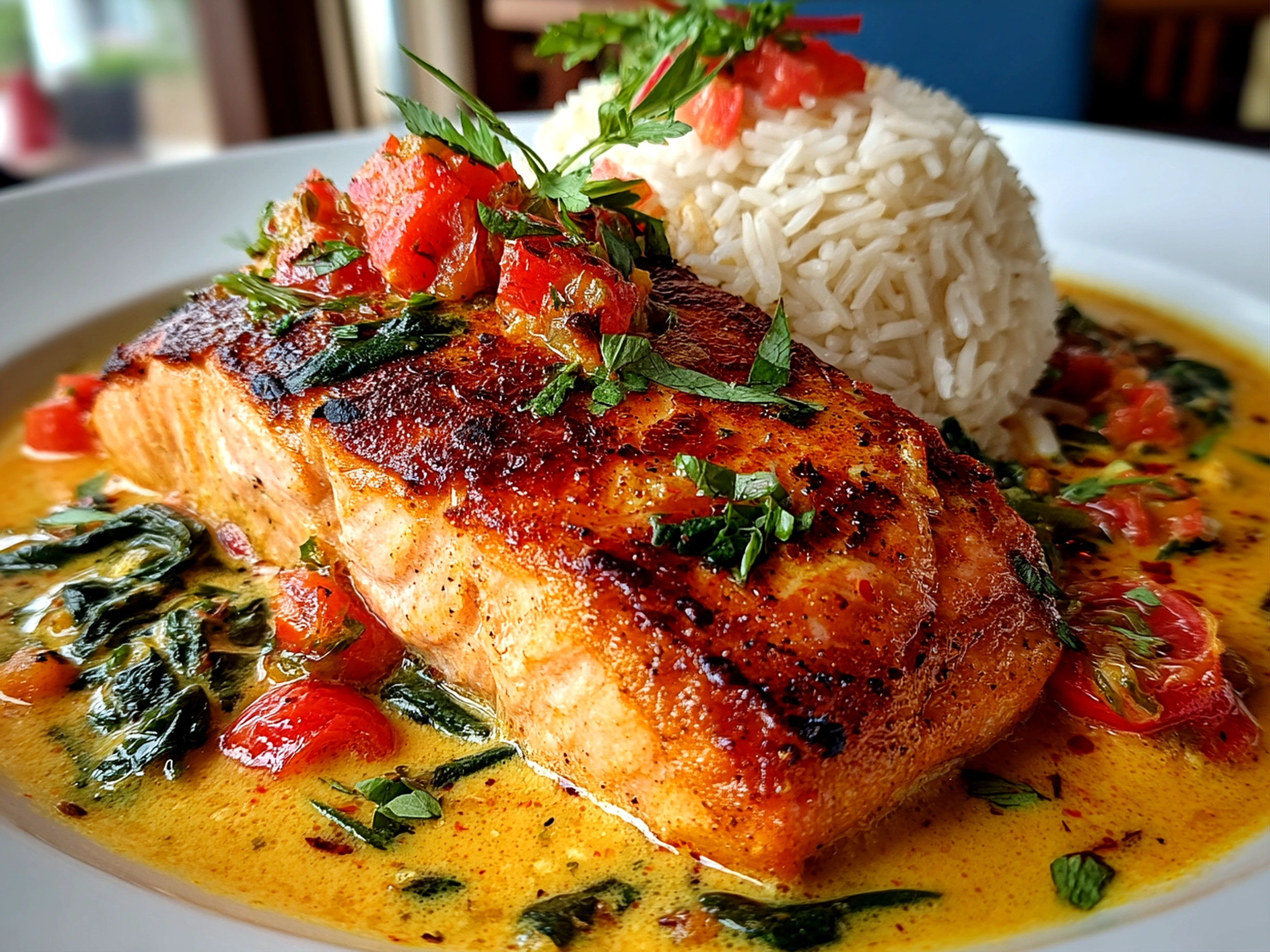 Freshly prepared Caribbean-Style Coconut Curry Salmon on white plate
