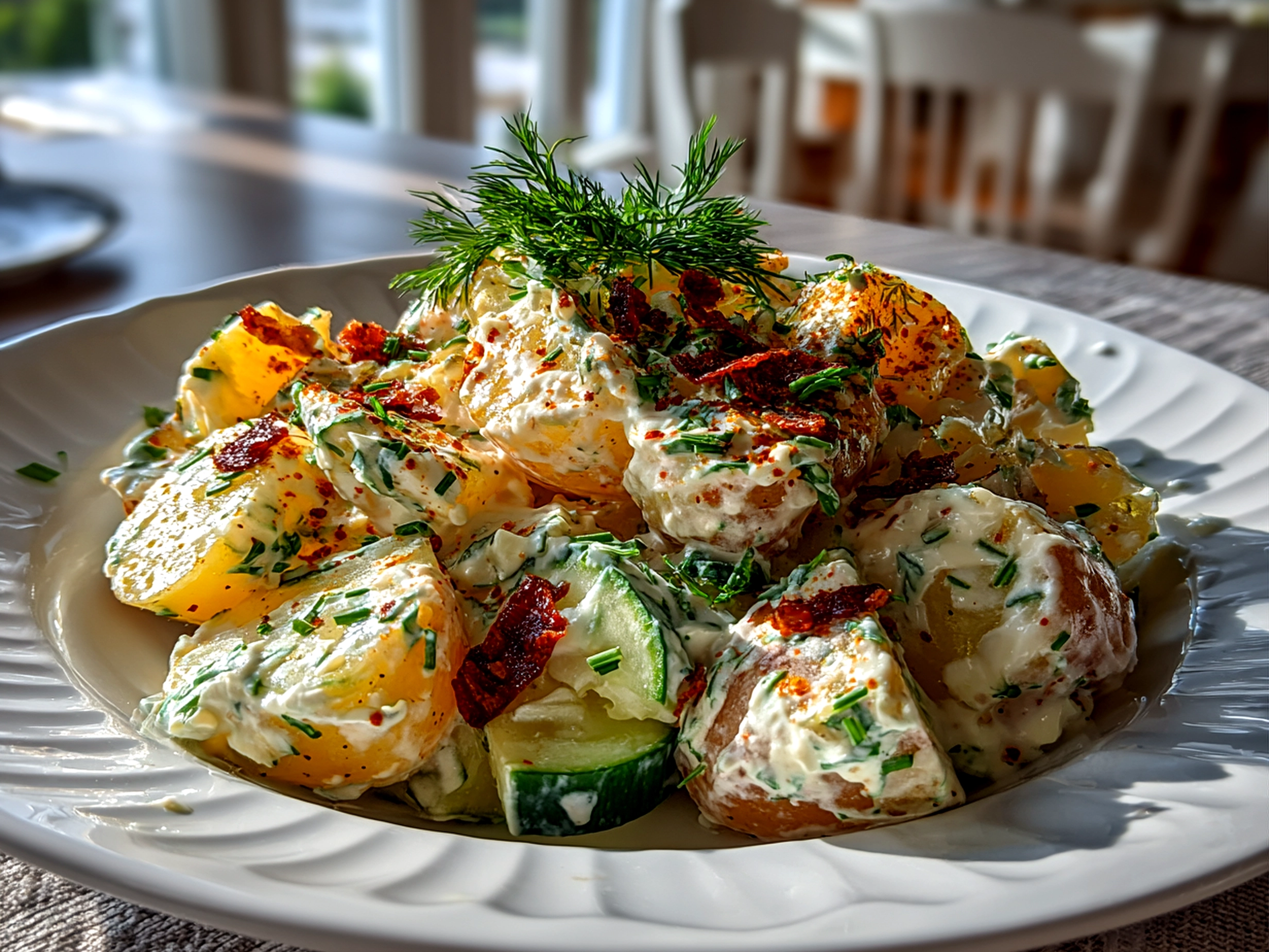 Freshly Prepared Greek Yogurt Potato Salad with Cucumbers