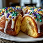 Freshly prepared Mardi Gras King Cake on white plate