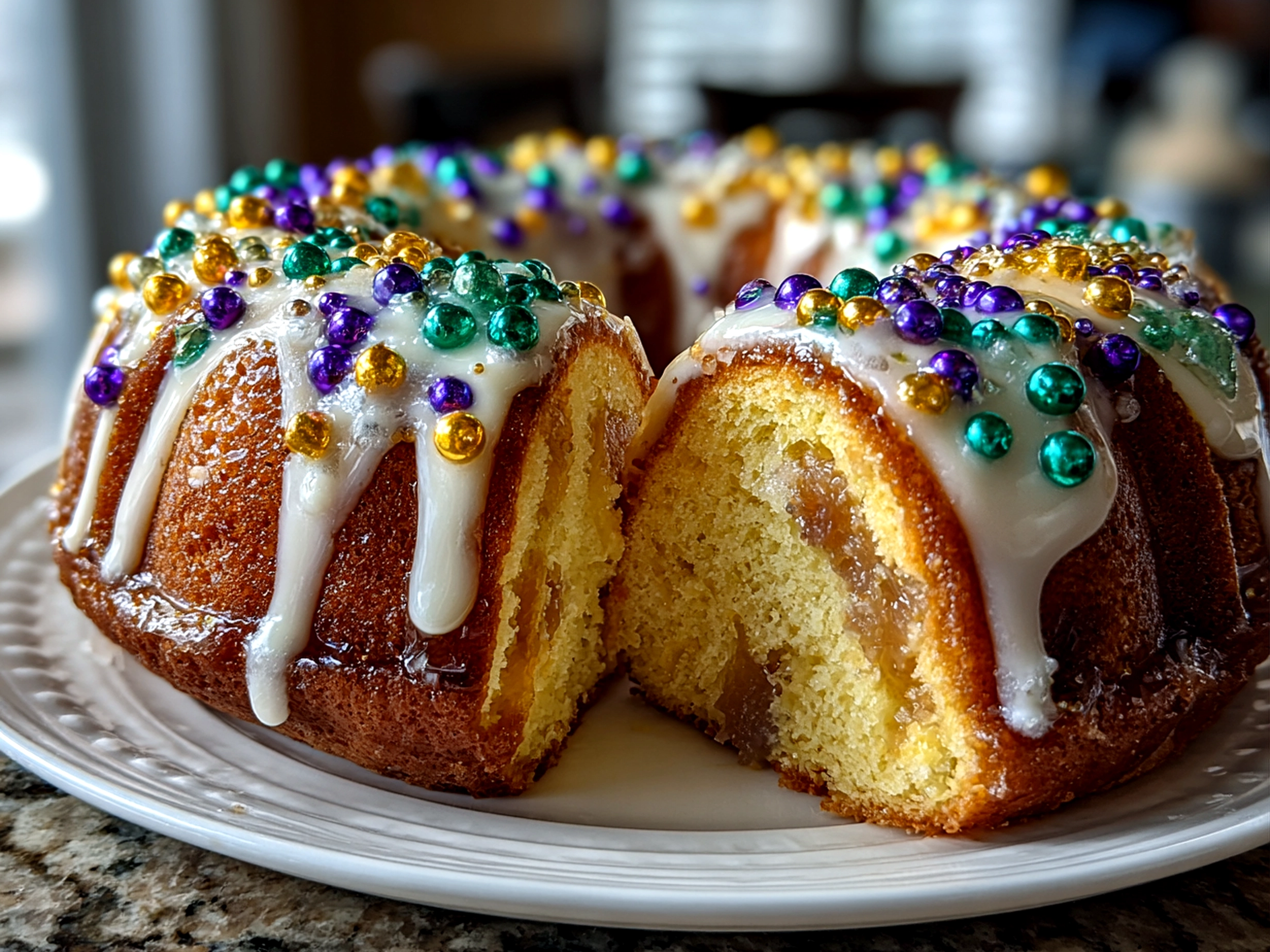 Freshly prepared Mardi Gras King Cake on white plate