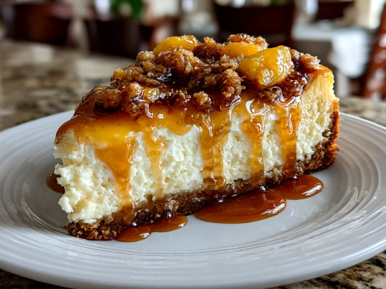 Freshly prepared Peach Cobbler Cheesecake close-up