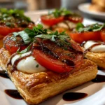 Freshly prepared Puff Pastry Caprese on white plate