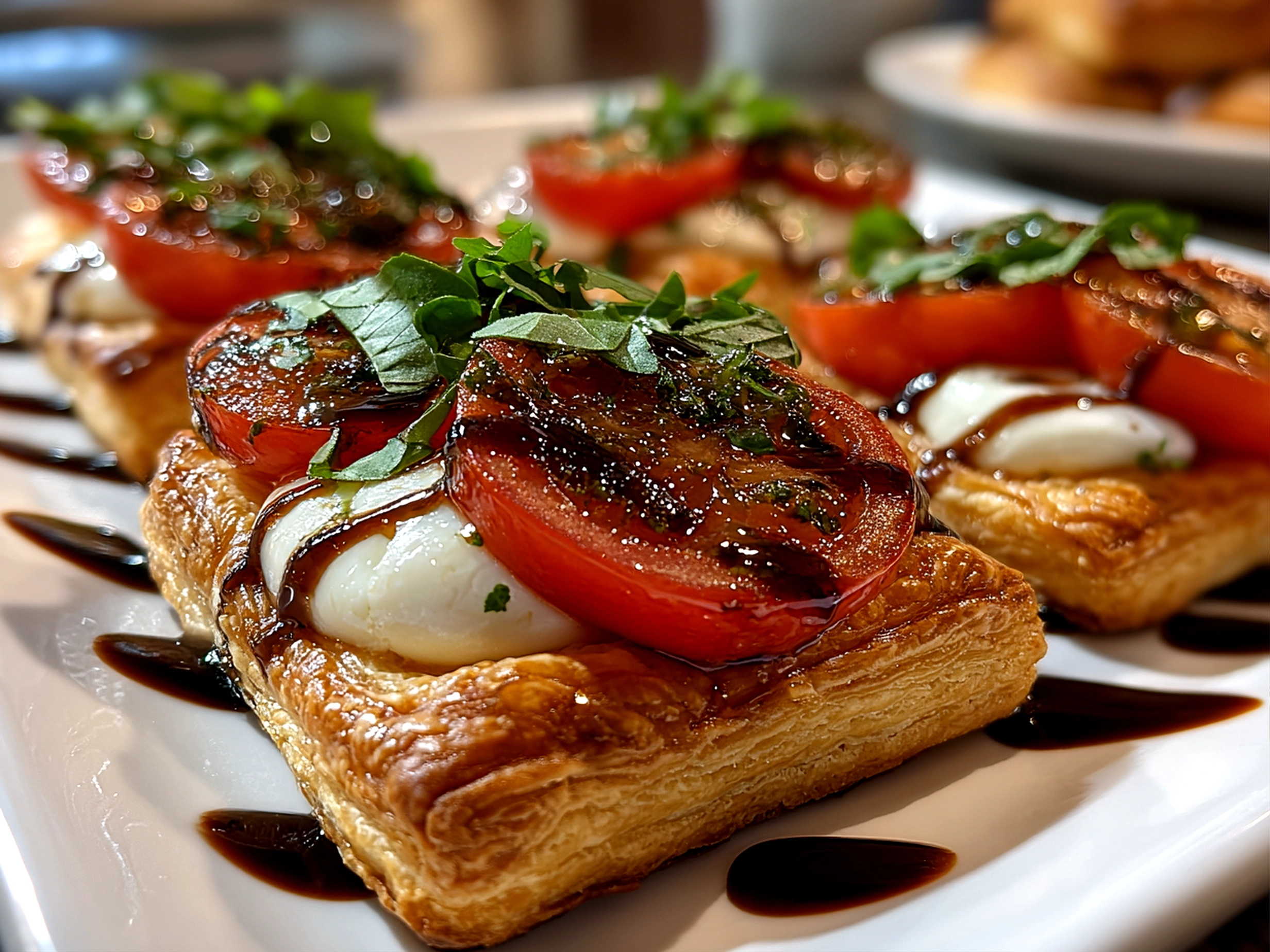 Freshly prepared Puff Pastry Caprese on white plate