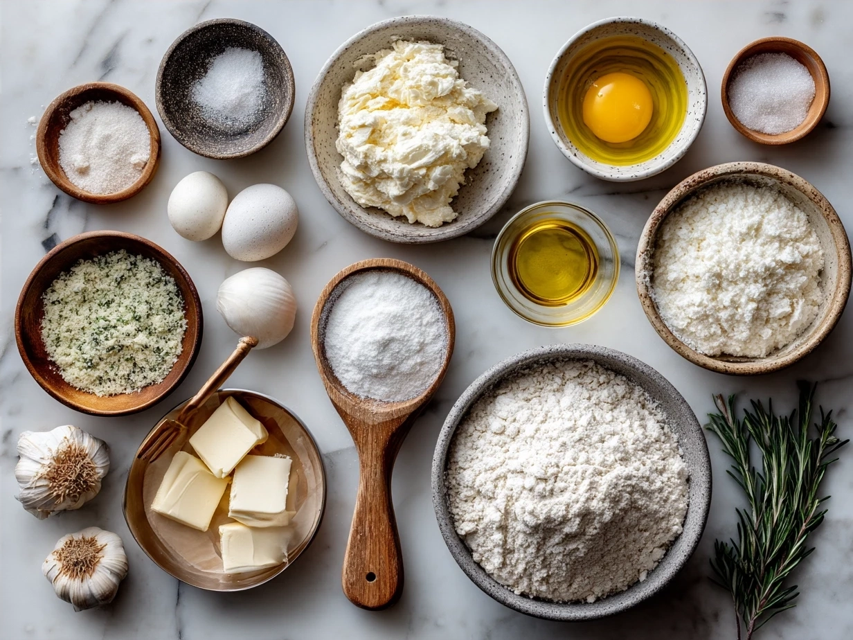 Ingredients for Garlic-Parmesan Cottage Cheese Bagels including flour, cottage cheese, egg, garlic powder, Parmesan cheese, salt, baking powder, and instant yeast