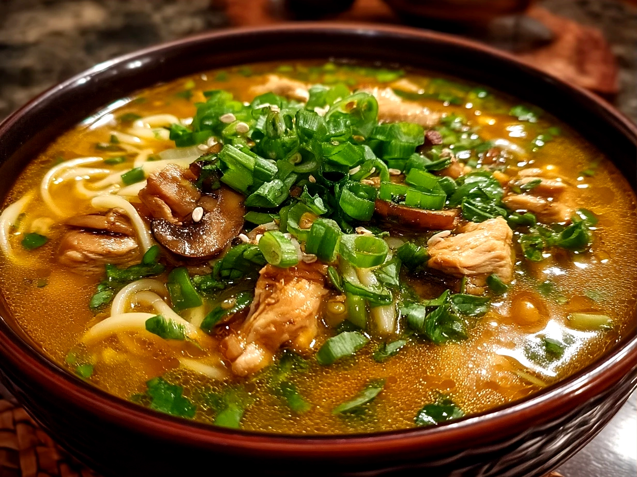 A serving bowl of Ginger Scallion Chicken Noodle Soup topped with fresh ginger scallion sauce