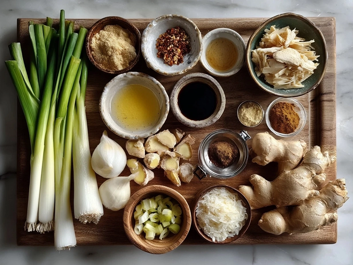 Ingredients for Ginger Scallion Chicken Noodle Soup laid out on kitchen counter
