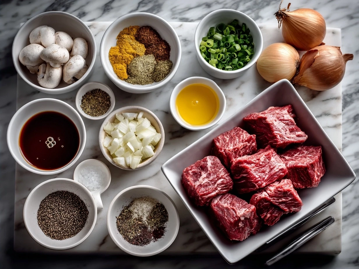 Ingredients for Gordon Ramsay Beef Stroganoff including sirloin steak, mushrooms, onions, garlic, mustard, sour cream, and parsley