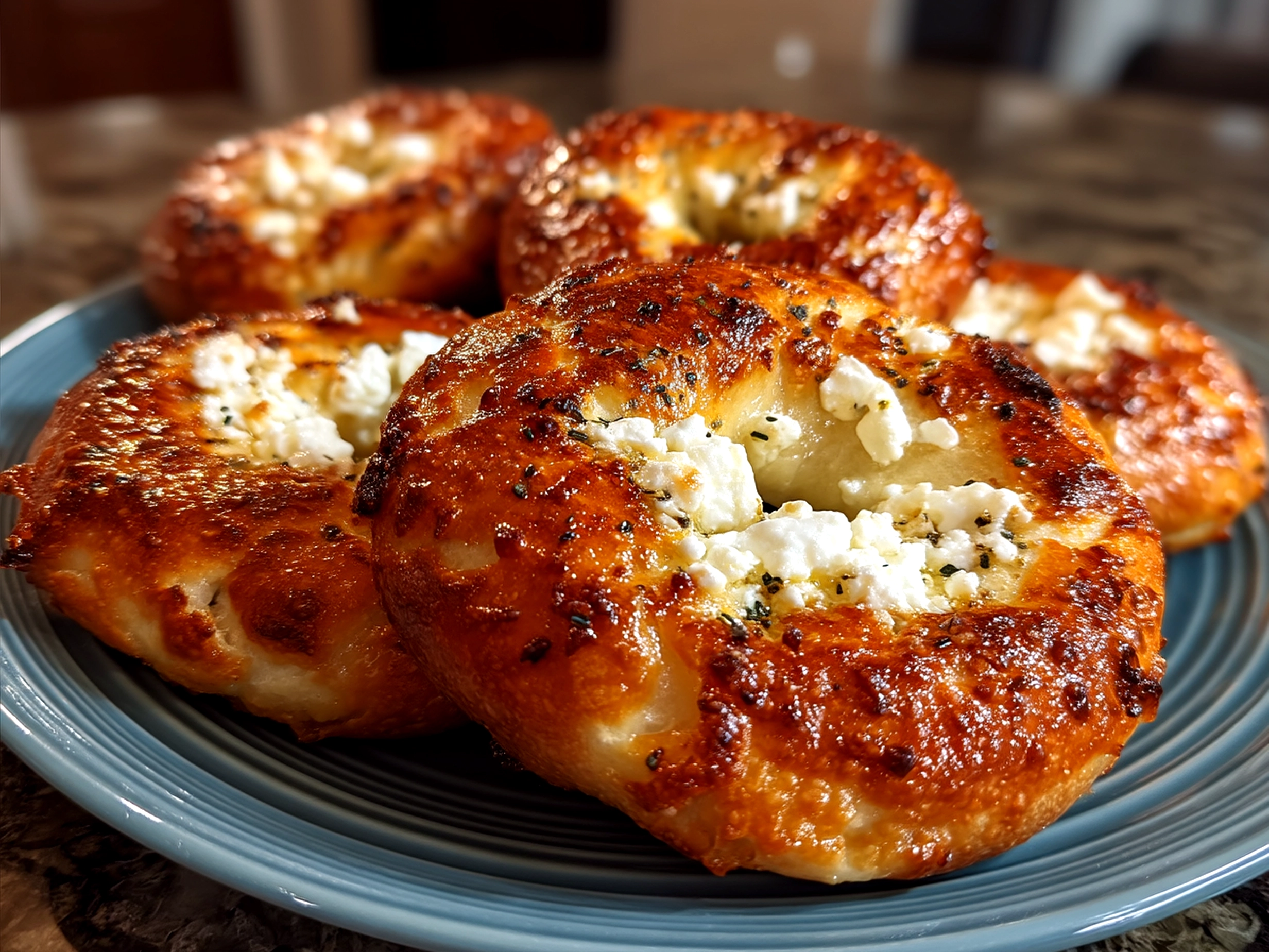 Freshly baked homemade Greek yogurt bagels served with toppings