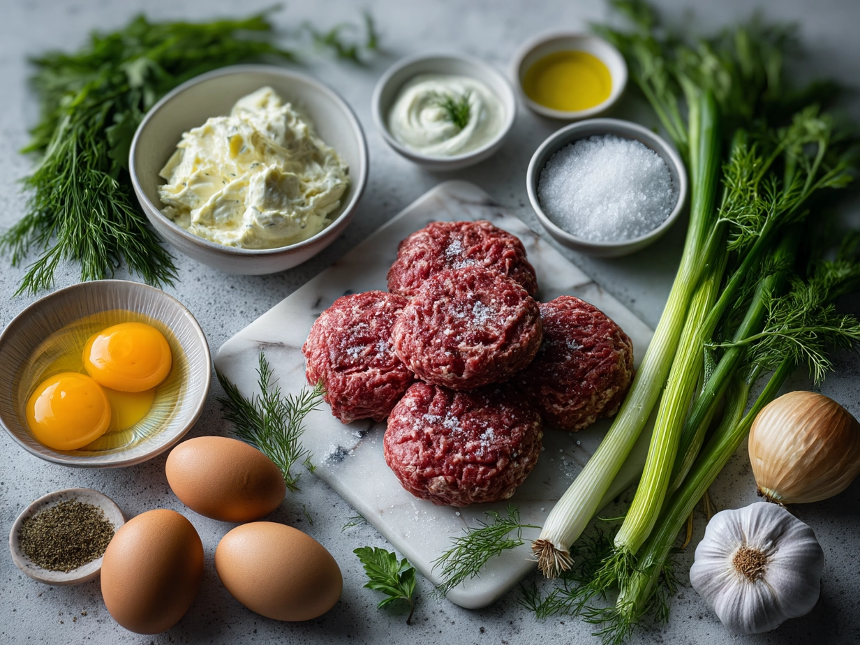 Ingredients for Hamburger Steaks in Creamy Dill Sauce including ground beef, fresh dill, heavy cream, and onions
