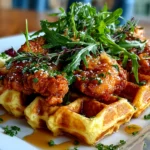 Home cook, taken with iPhone 14 Pro. Close-up slight angle of delicious Crispy Chicken Waffle on white plate. Mouthwatering --ar 4:3 --style raw --s 240