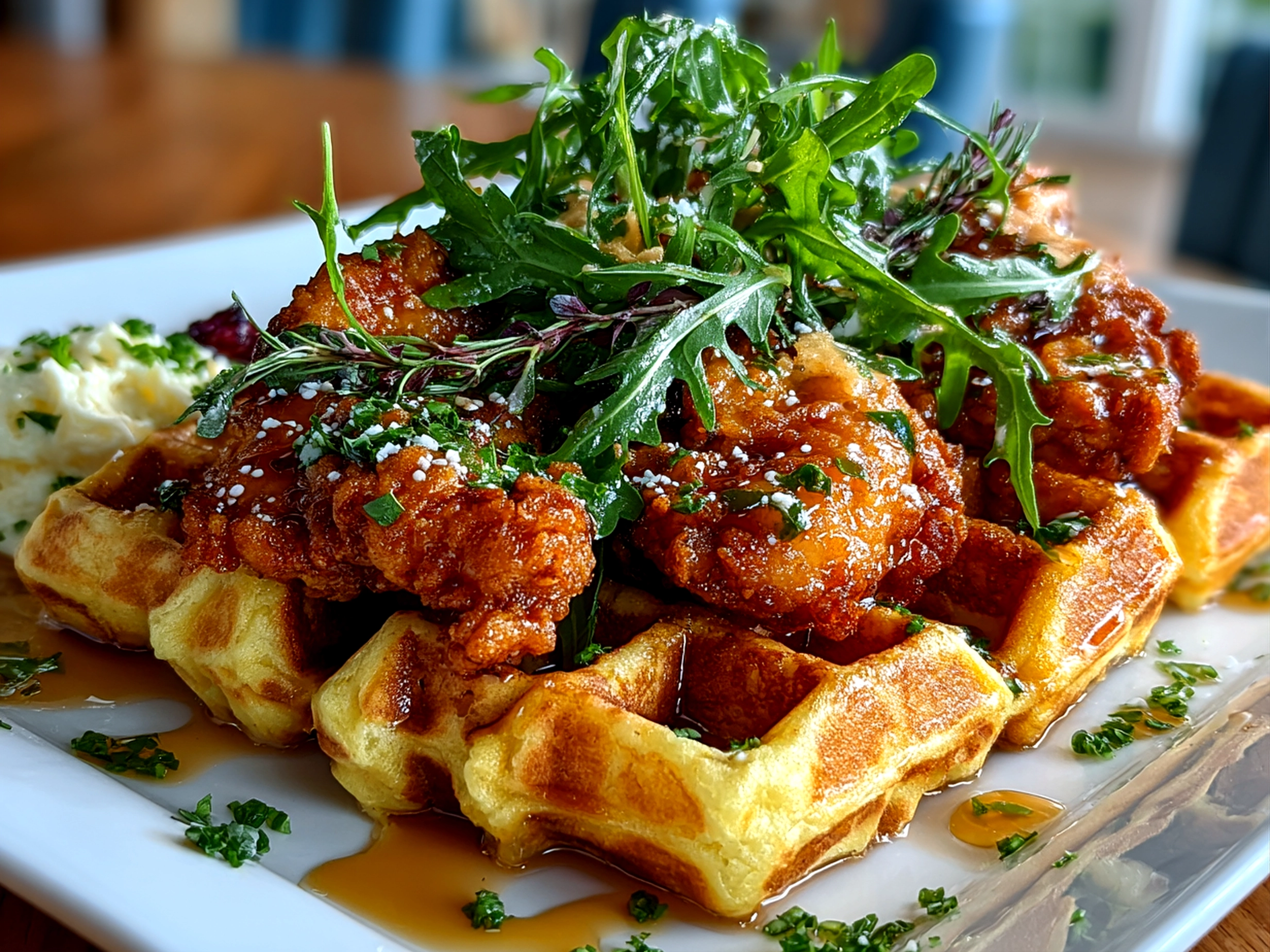 Home cook, taken with iPhone 14 Pro. Close-up slight angle of delicious Crispy Chicken Waffle on white plate. Mouthwatering --ar 4:3 --style raw --s 240