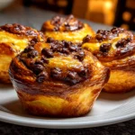 Home cook, taken with iPhone 14 Pro. Close-up slight angle of freshly prepared Chocolate Chip Sourdough Cruffins on white plate. Mouthwatering --ar 4:3 --style raw --s 230