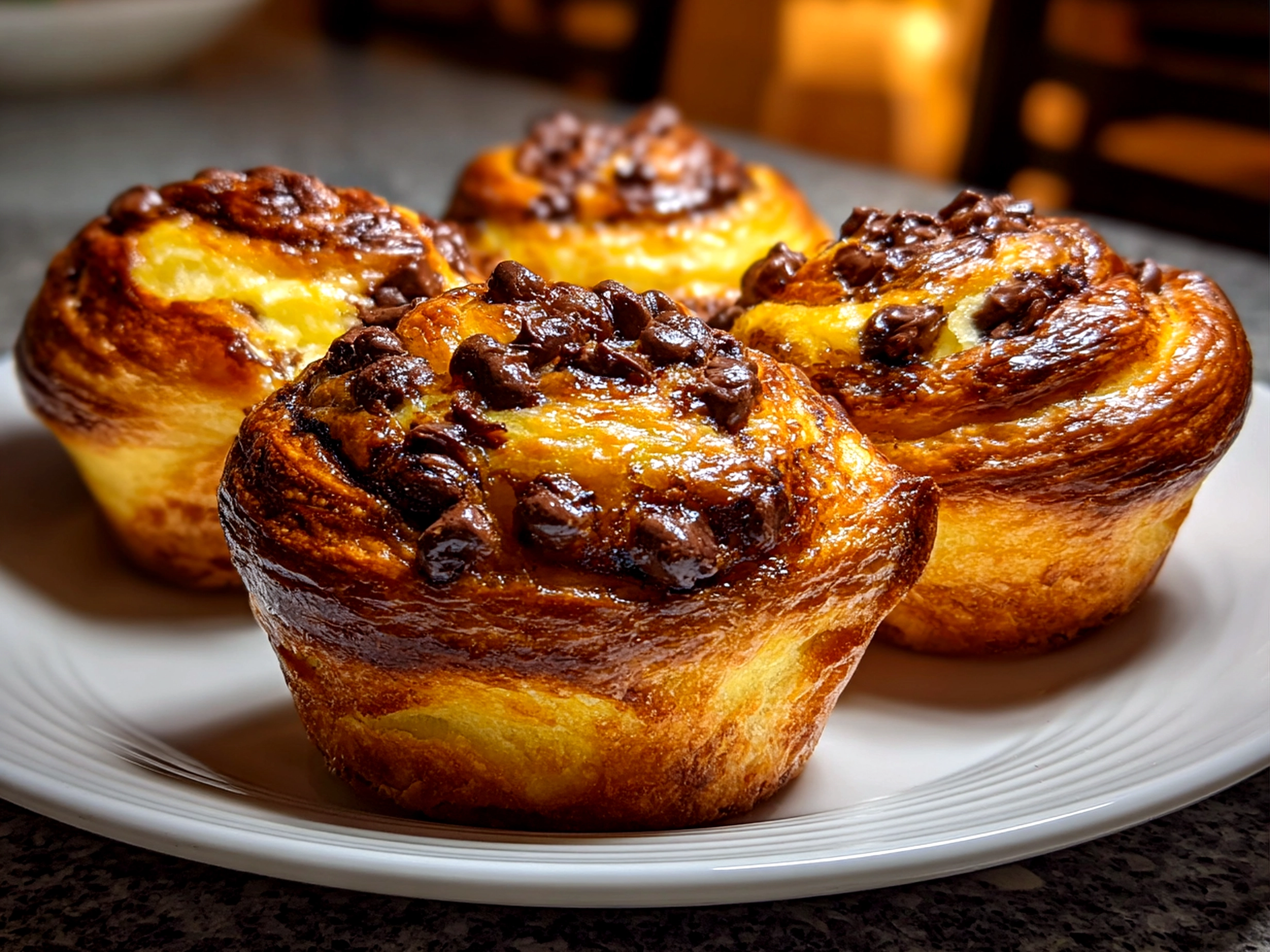 Home cook, taken with iPhone 14 Pro. Close-up slight angle of freshly prepared Chocolate Chip Sourdough Cruffins on white plate. Mouthwatering --ar 4:3 --style raw --s 230