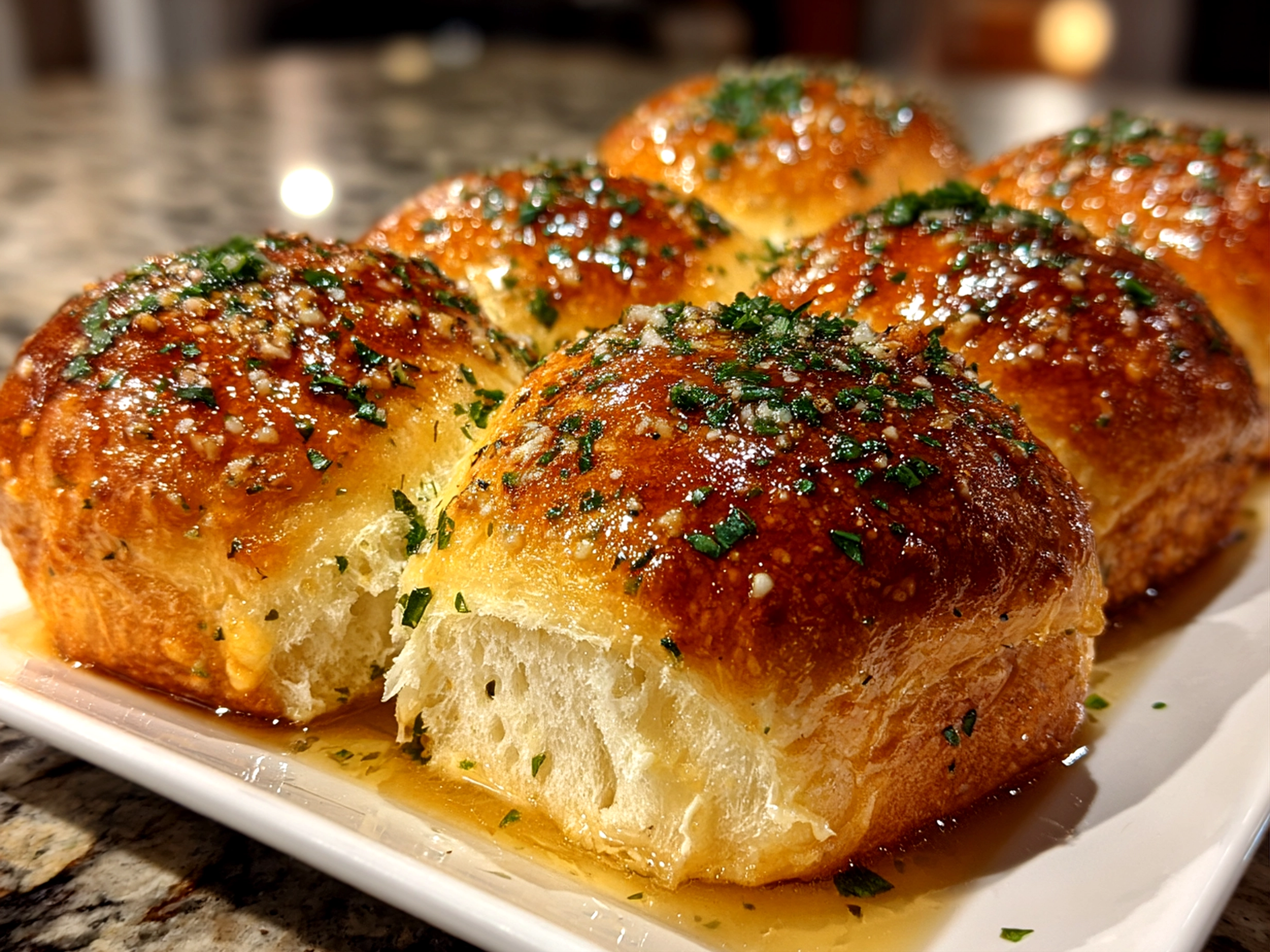 Home cook, taken with iPhone 14. Close-up slight angle of freshly prepared Garlic Butter Dinner Rolls on white plate. Mouthwatering --ar 4:3 --style raw --s 245