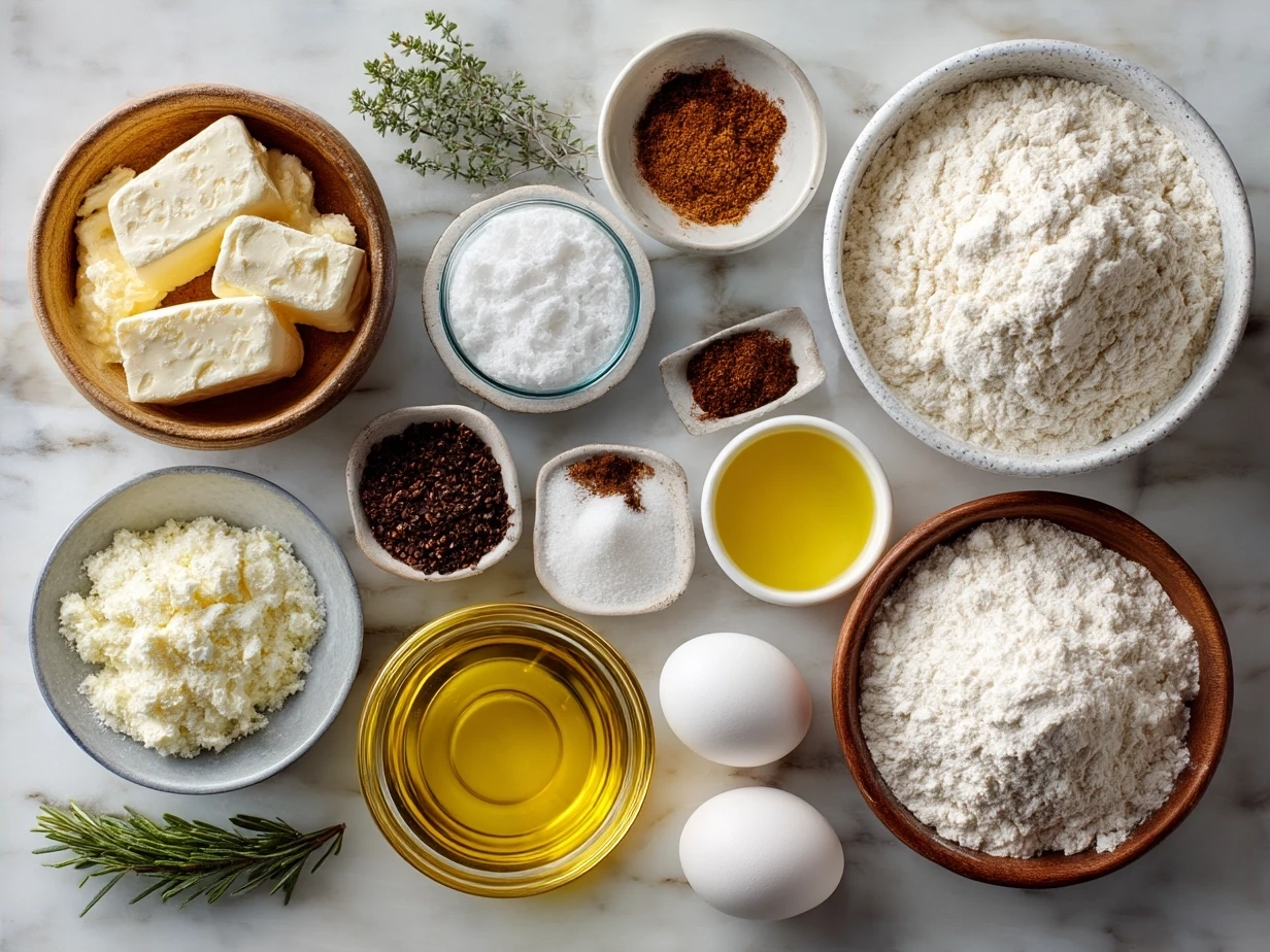 Ingredients for homemade bread laid out on a wooden table including bread flour, yeast, salt, olive oil, and water
