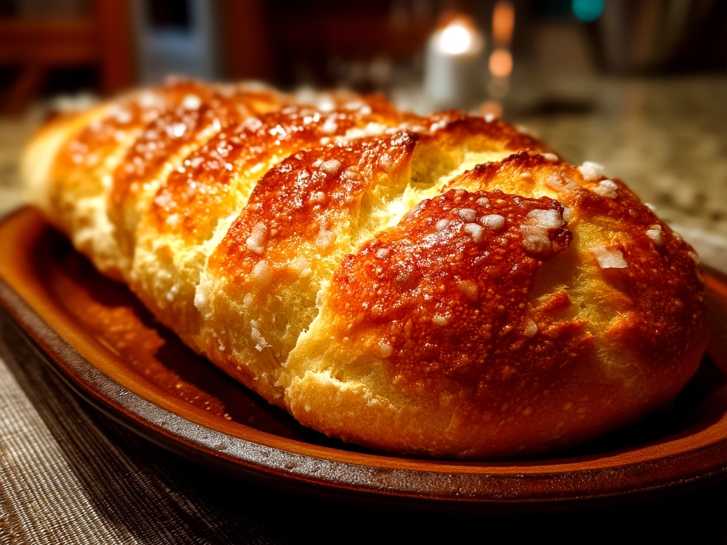 A loaf of homemade Italian bread served with fresh herbs and olive oil