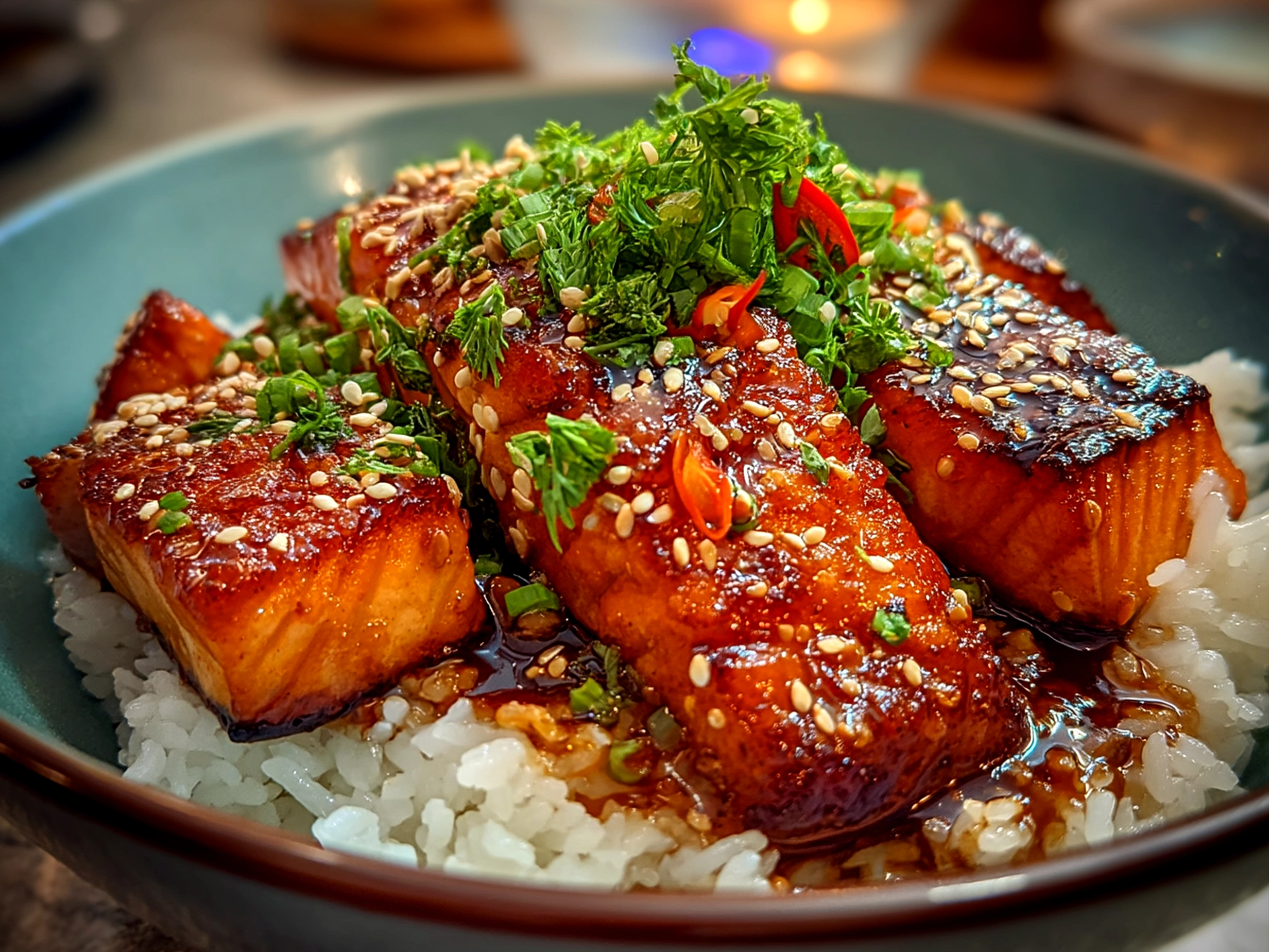 Honey Glazed Salmon Bowl served in a simple bowl with steamed vegetables and rice