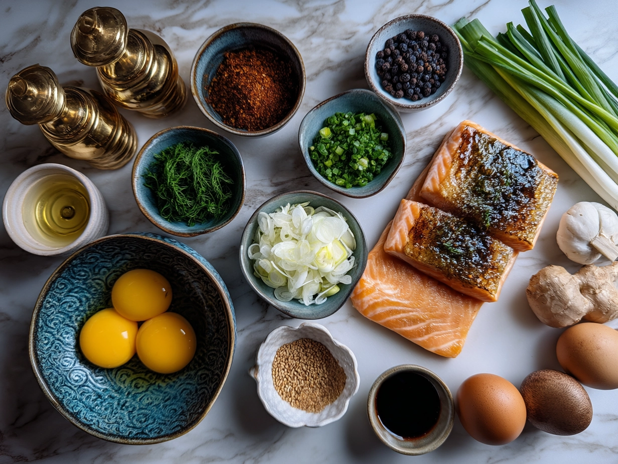 Ingredients for Honey Glazed Salmon Bowl including salmon fillets, honey, soy sauce, ginger, garlic, rice, and vegetables