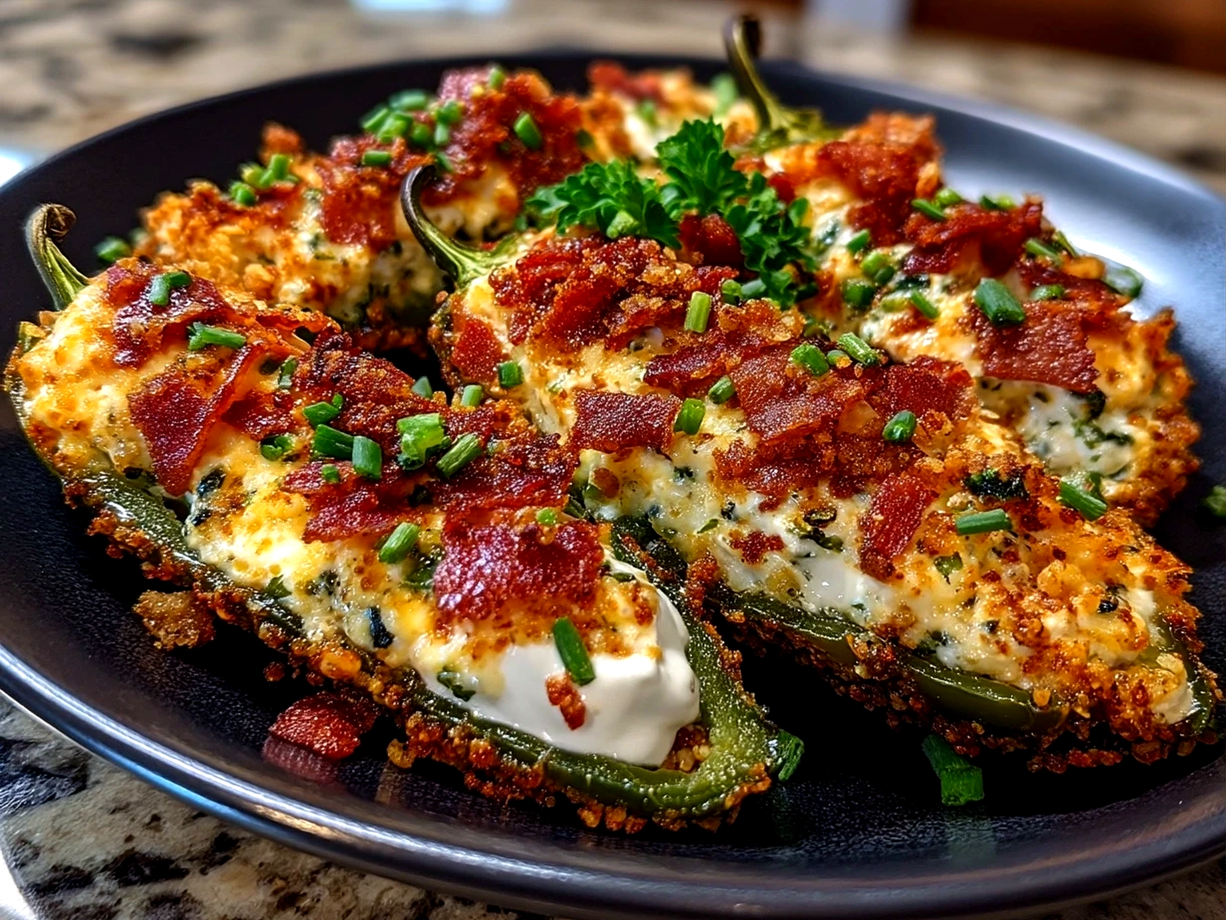 Jalapeno Poppers Nourish Bowl served in a deep bowl showing roasted stuffed jalapenos on a bed of greens and grains with fresh herbs