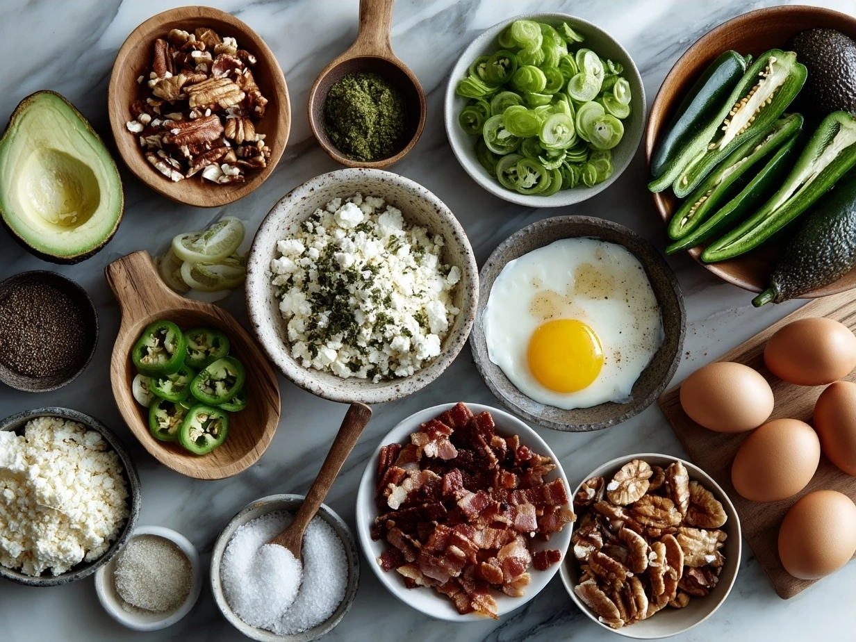 Ingredients for Jalapeno Poppers Nourish Bowl including fresh jalapenos, cream cheese, quinoa, greens, cheddar cheese, corn, black beans, cilantro, lime, and olive oil