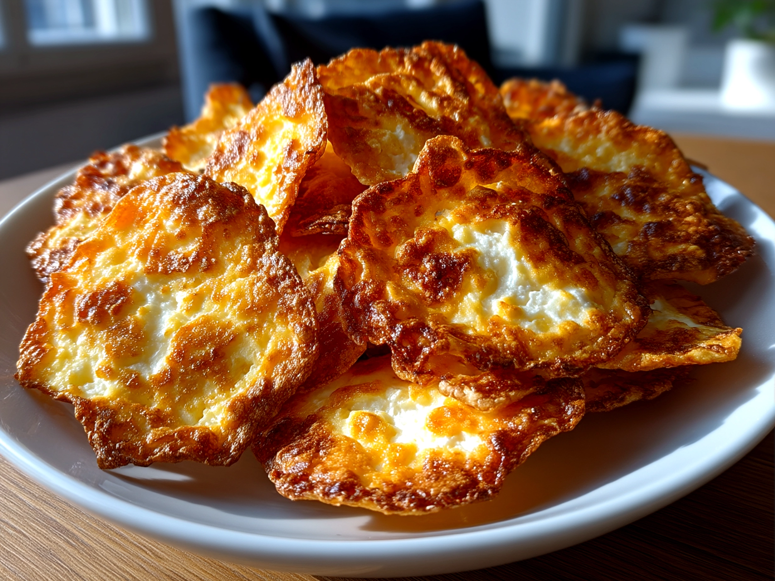 A serving of Keto Cottage Cheese Chips on a rustic wooden platter, ready to eat