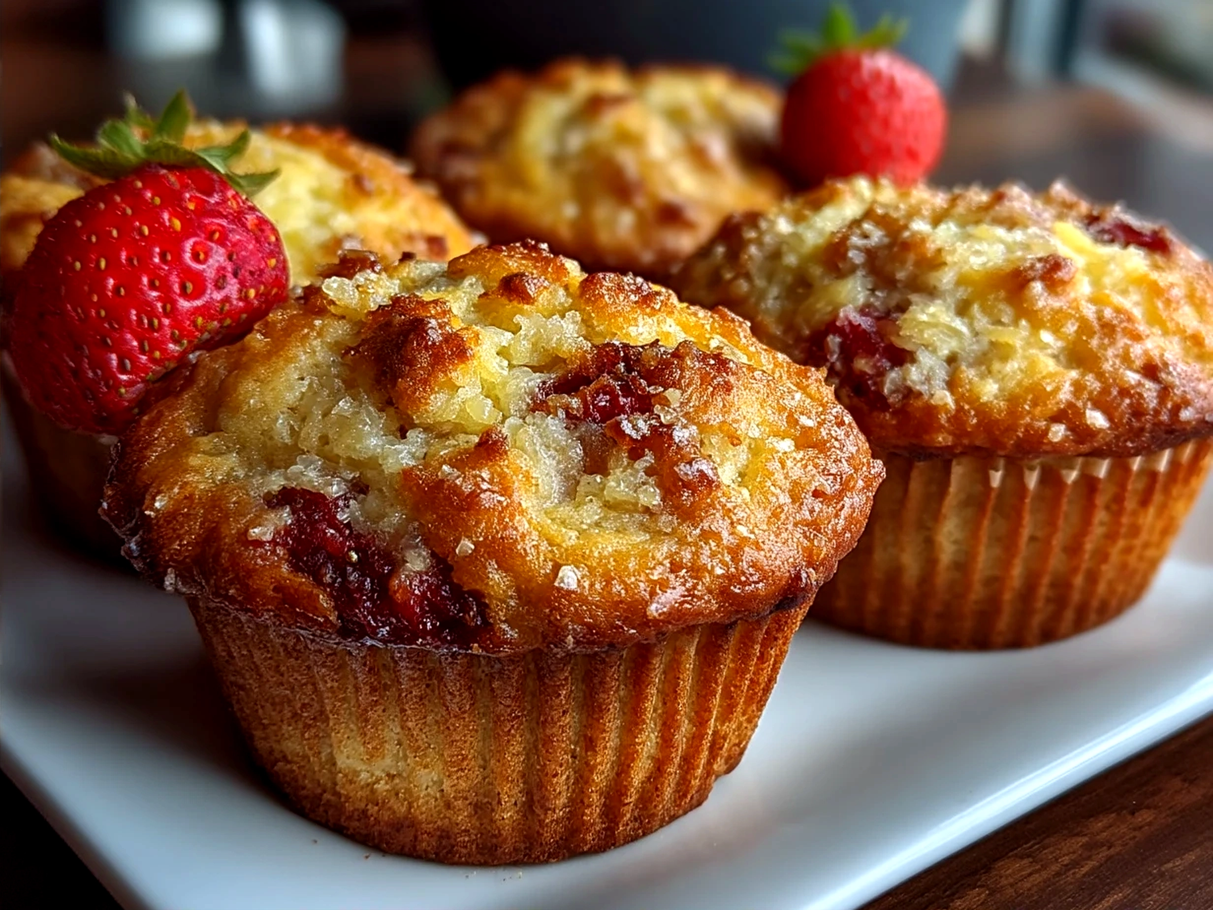 A stack of freshly baked Keto Strawberry Muffins with Almond Flour served on a rustic plate