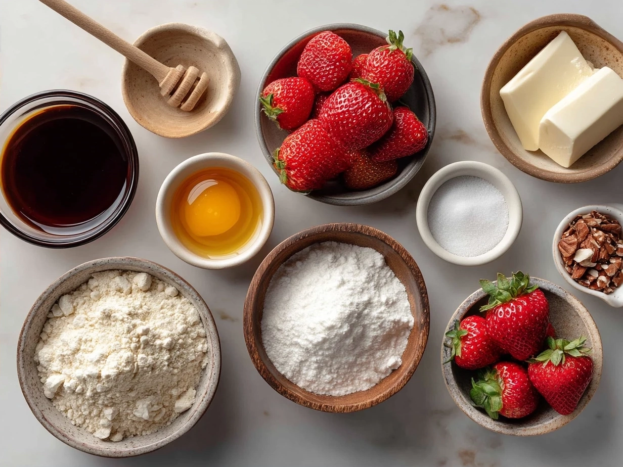 Ingredients for Keto Strawberry Muffins with Almond Flour including almond flour, fresh strawberries, eggs, coconut oil, and almond milk