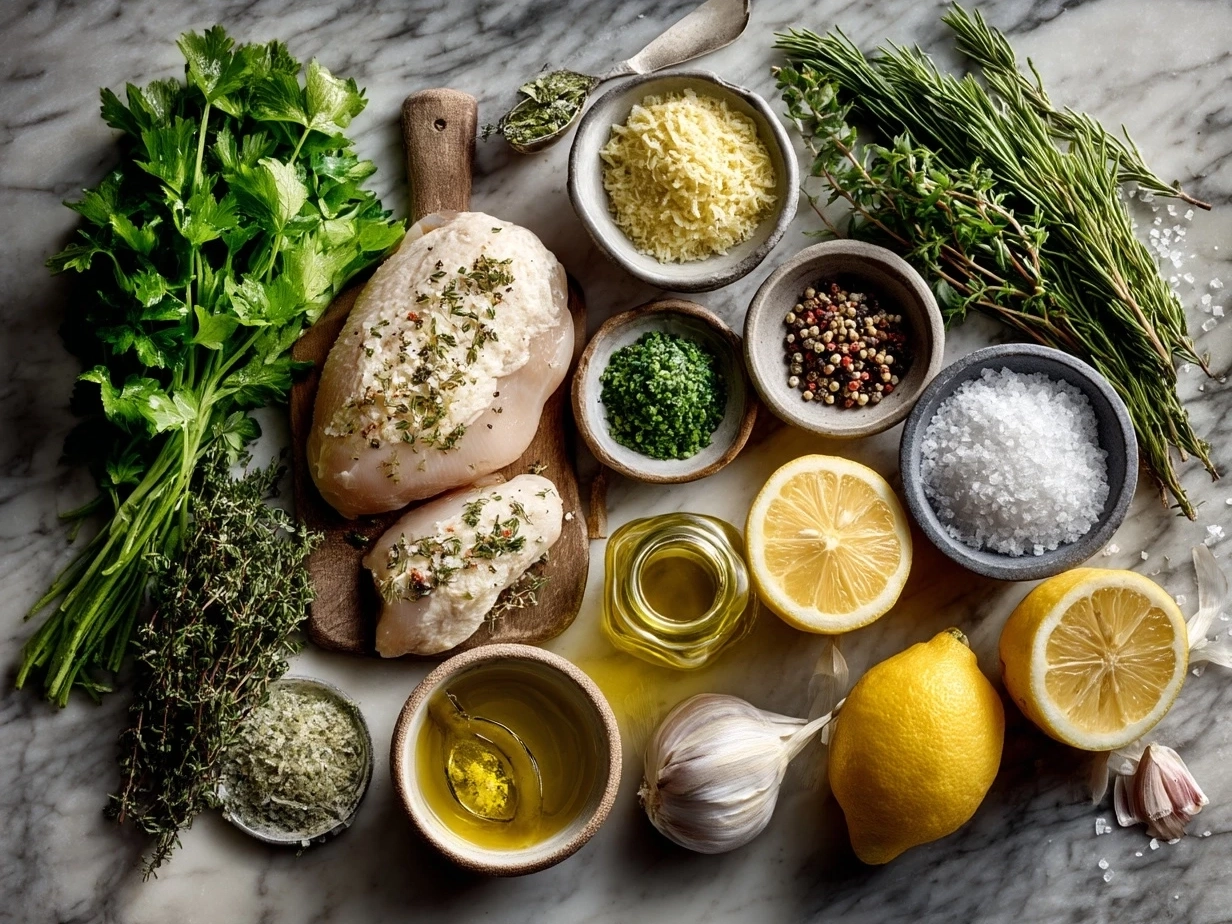 Ingredients for Lemon-Herb Chicken Nourish Bowl including fresh herbs, lemon, chicken breasts, olive oil, and vegetables