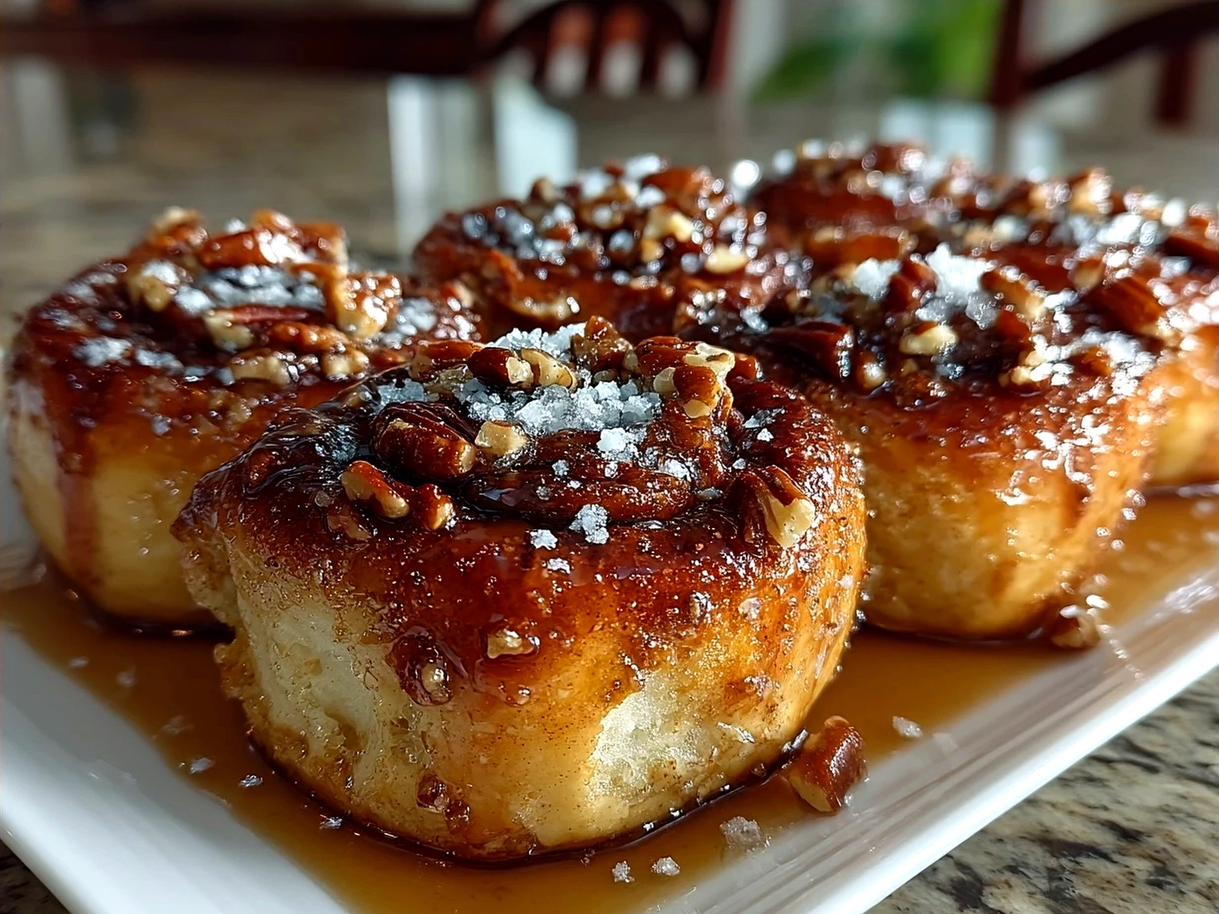 Freshly baked Maple Pecan Sticky Buns with a glossy maple syrup glaze and toasted pecans