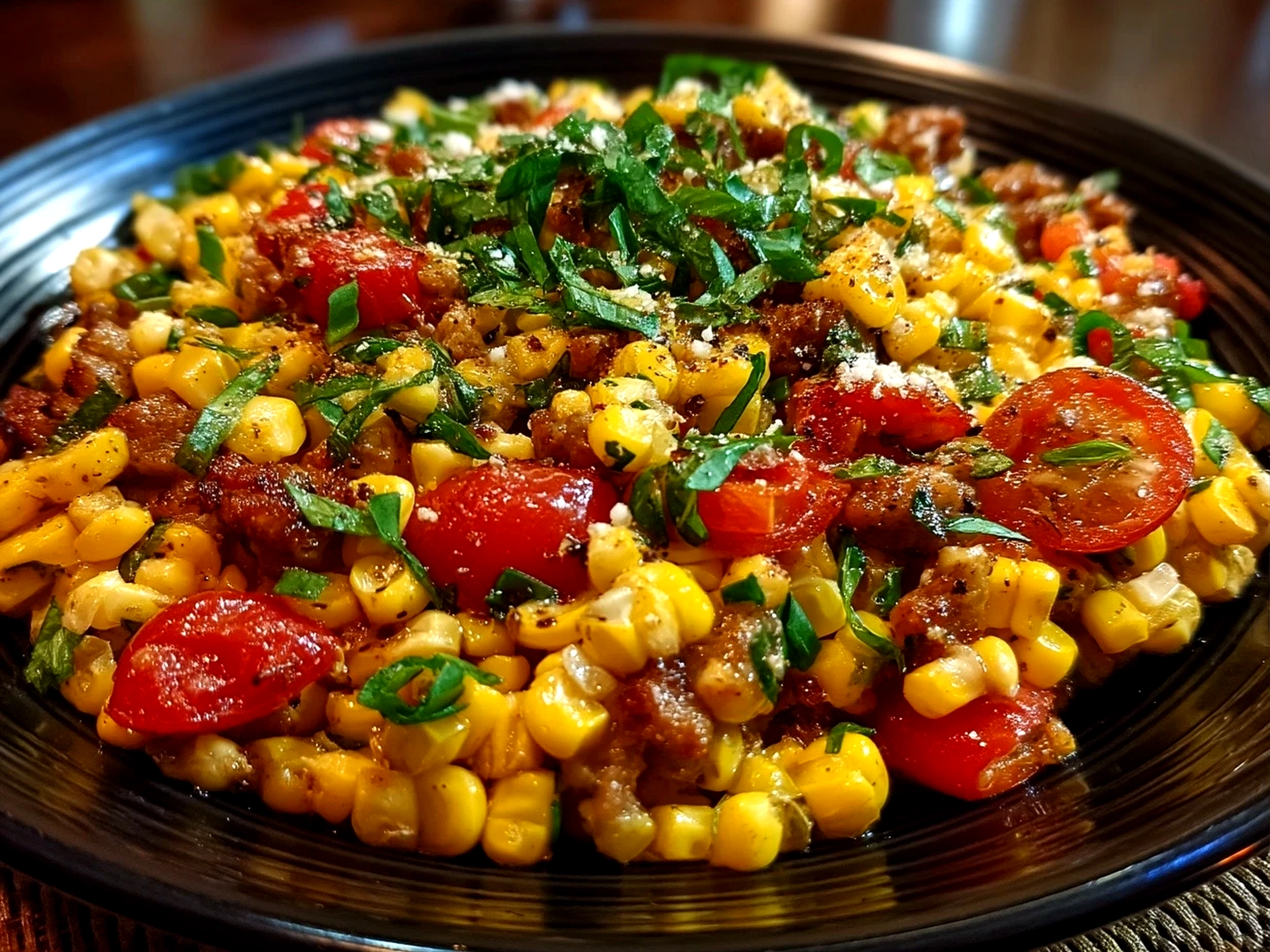 Finished Maque Choux With Sausage Corn served in a rustic cast iron skillet