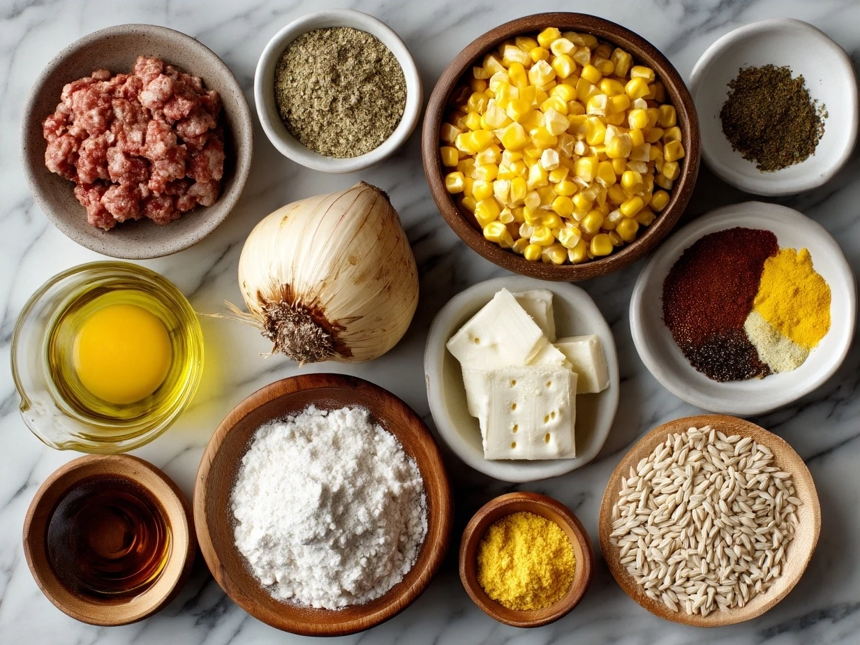 Ingredients for Maque Choux With Sausage Corn laid out on a table including corn, sausage, bell pepper, onions, garlic, and spices