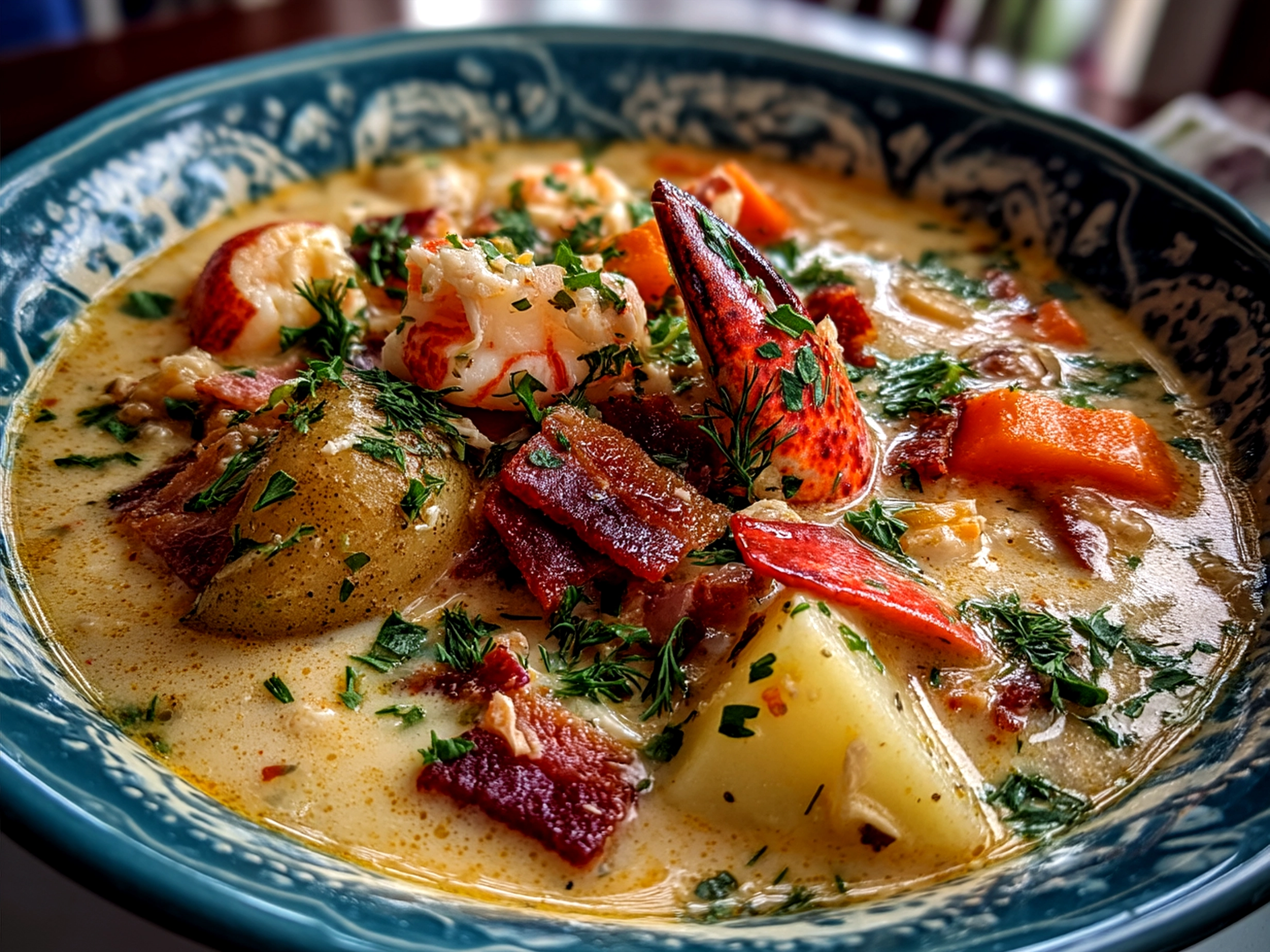 Nova Scotia Seafood Chowder served in a wide bowl garnished with fresh herbs