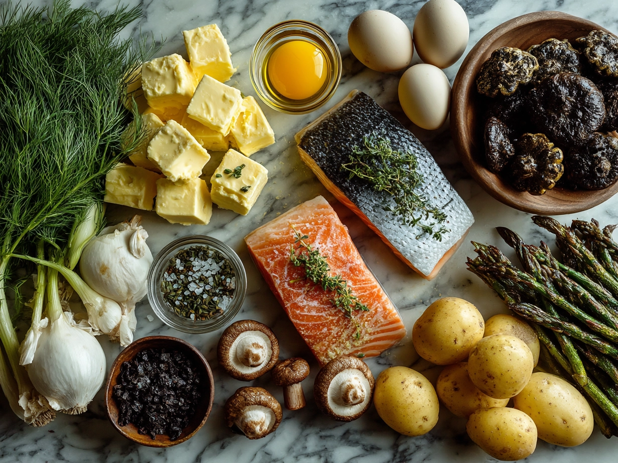 Ingredients for Nova Scotia Seafood Chowder including clams, fish, bacon, potatoes, onion, and herbs