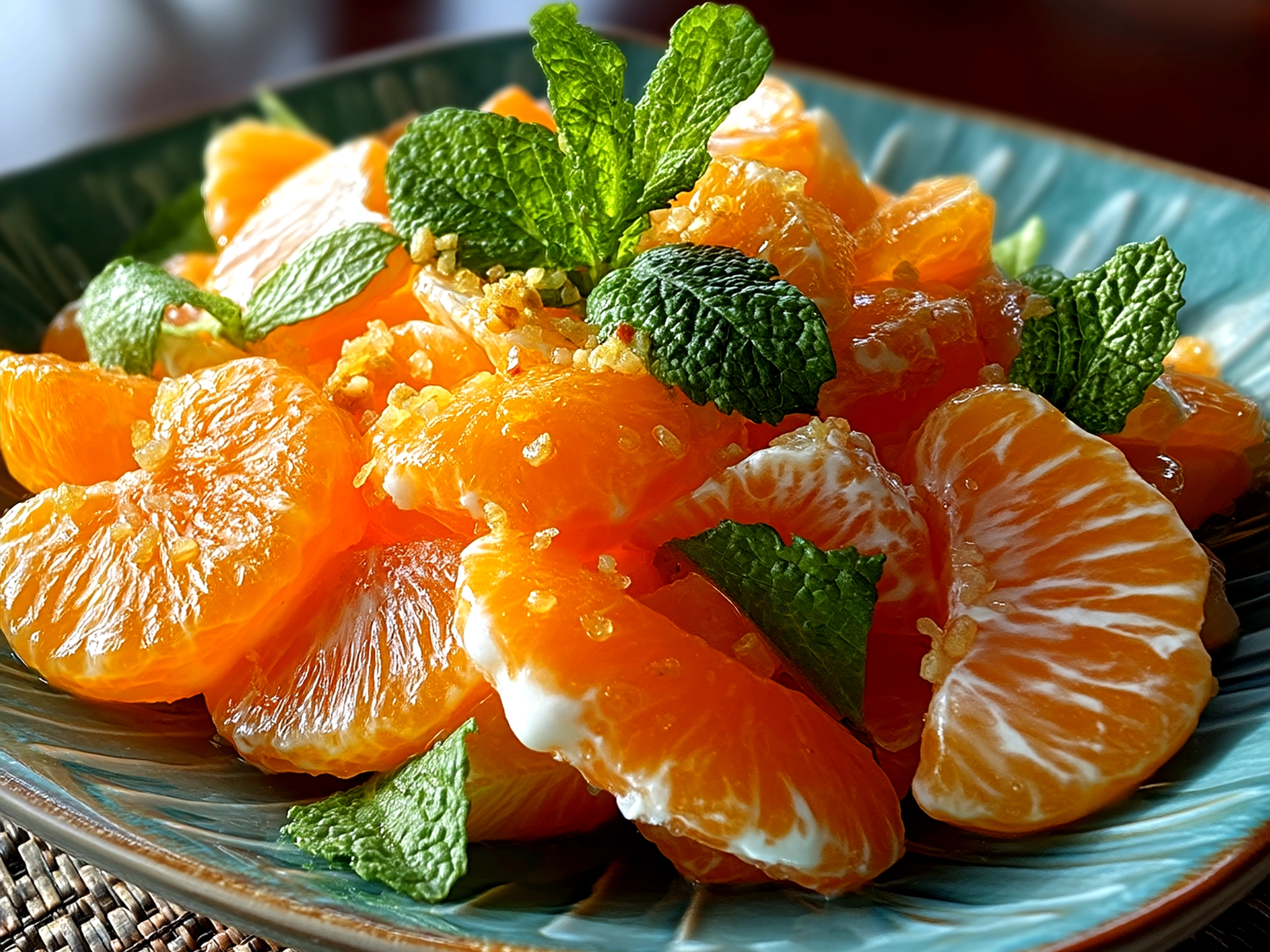 A serving bowl filled with creamy Orange Dreamsicle Salad garnished with orange zest and mint leaves