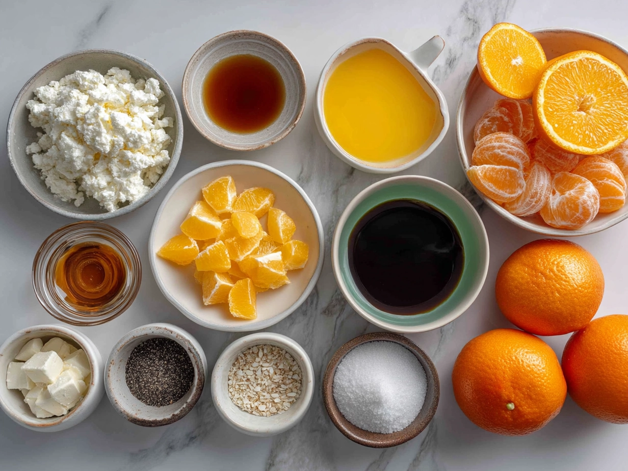 Ingredients for Orange Dreamsicle Salad laid out: mandarin oranges, crushed pineapple, mini marshmallows, whipped topping, orange sherbet, sour cream, and orange zest