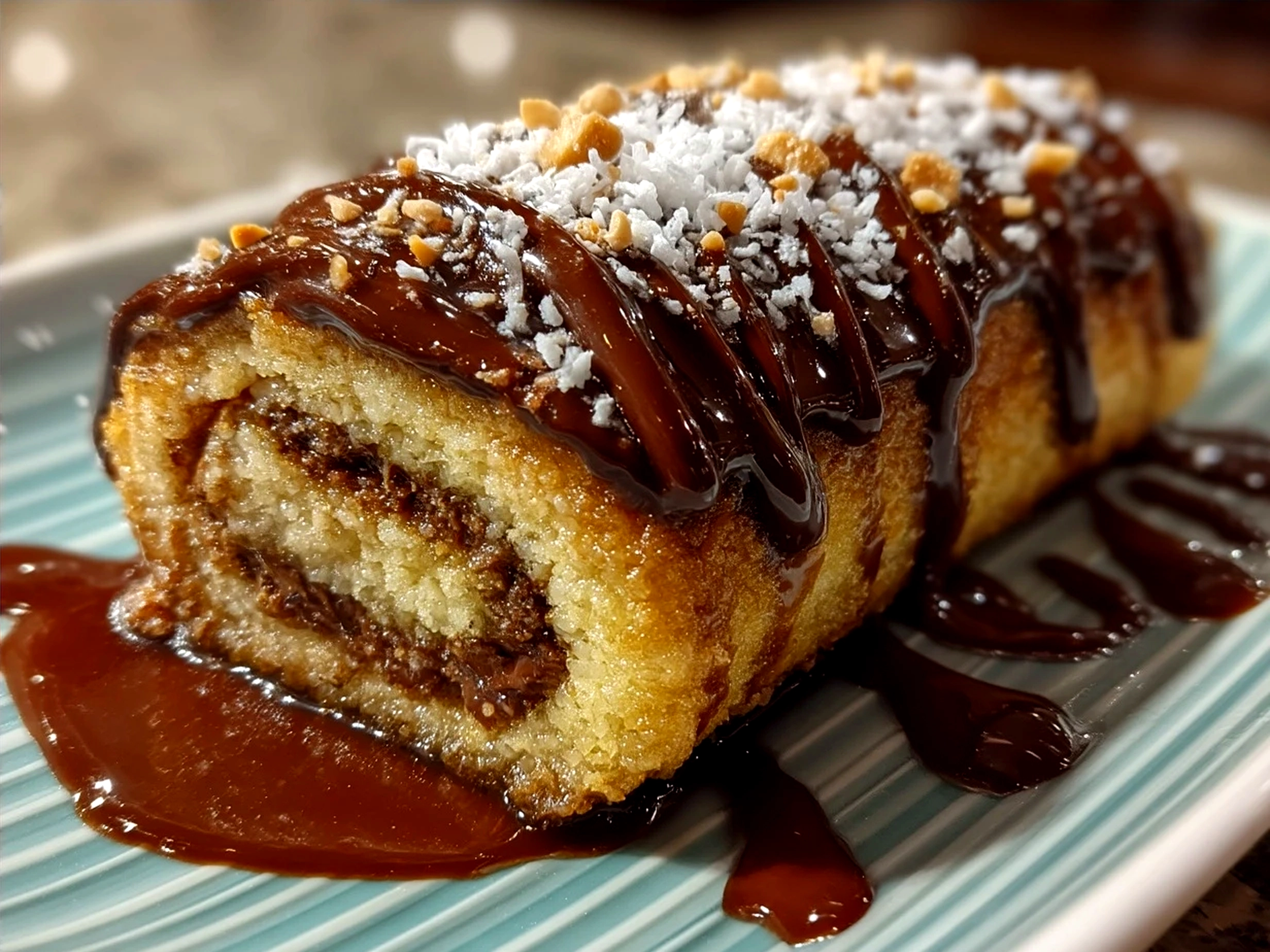 Sliced Peanut Butter Cup Chocolate Roll served on a rustic wooden board