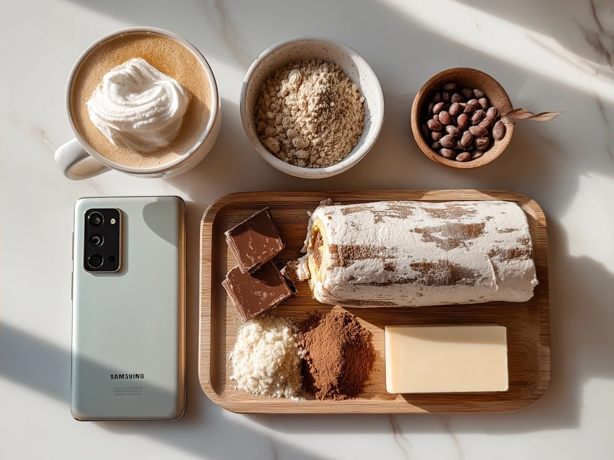 Ingredients for Peanut Butter Cup Chocolate Roll including eggs, cocoa powder, peanut butter