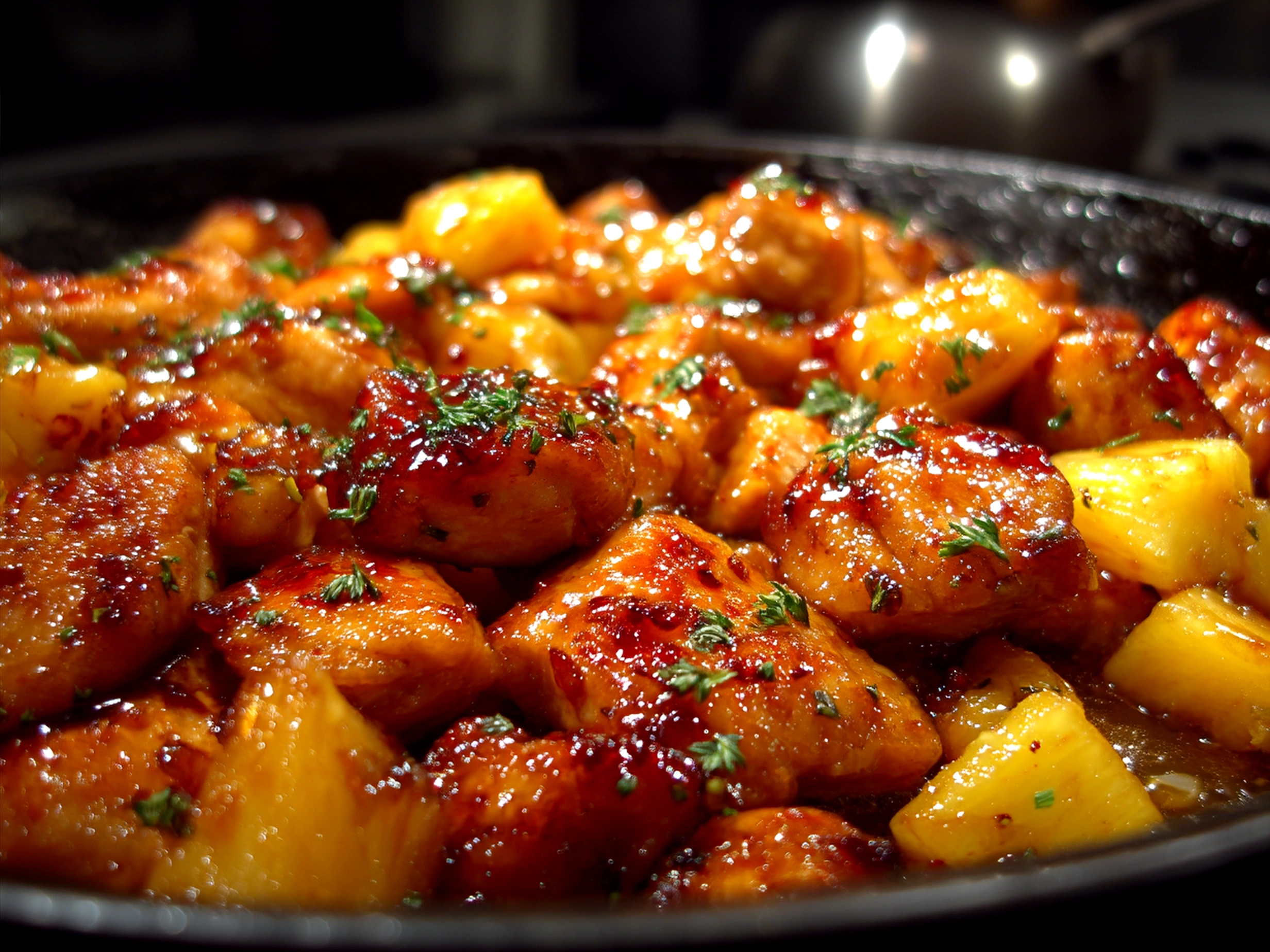 Final serving of Pineapple Chicken with golden pineapple chunks and colorful bell peppers on a plate.