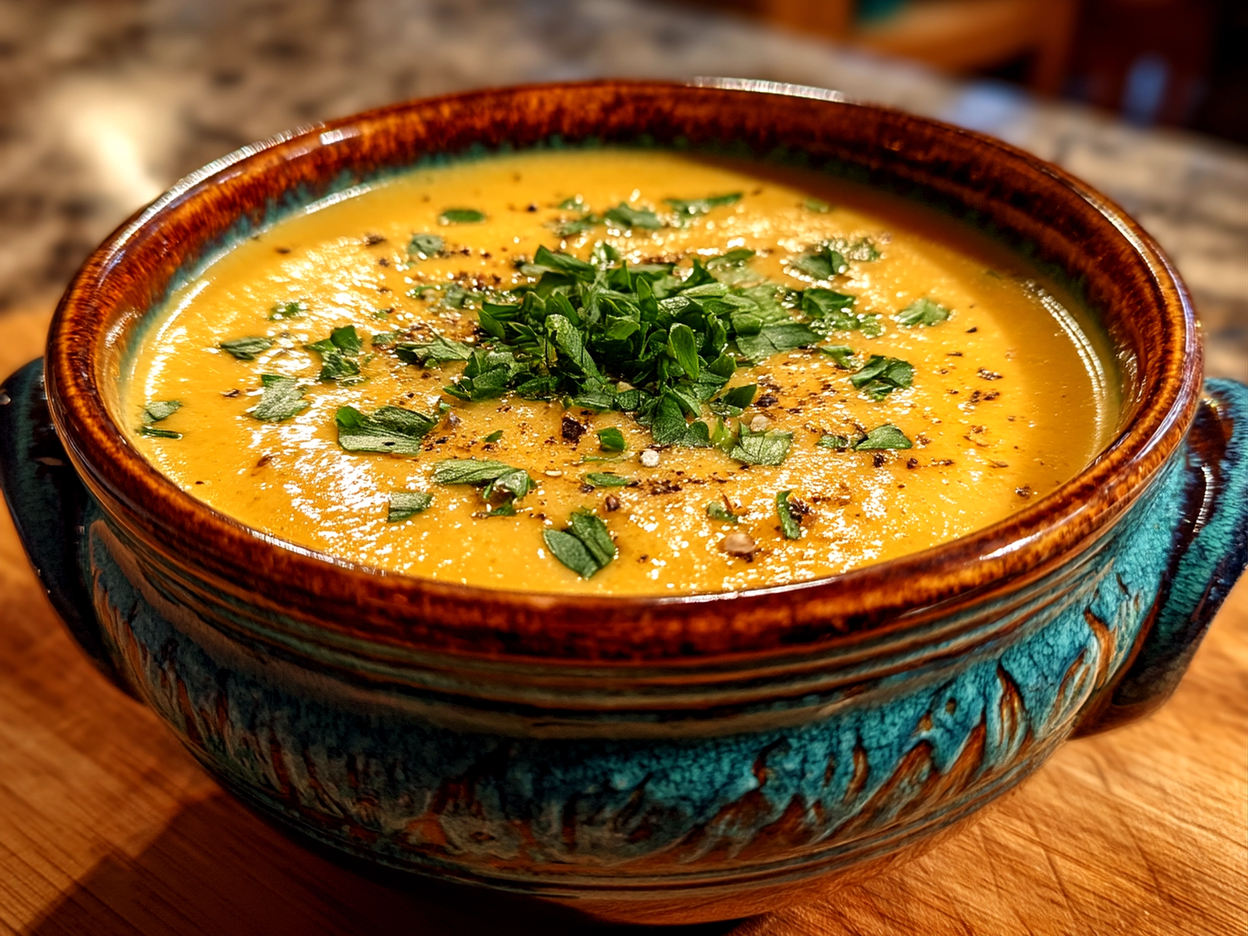 Final serving of creamy potato soup garnished with green onions and bacon