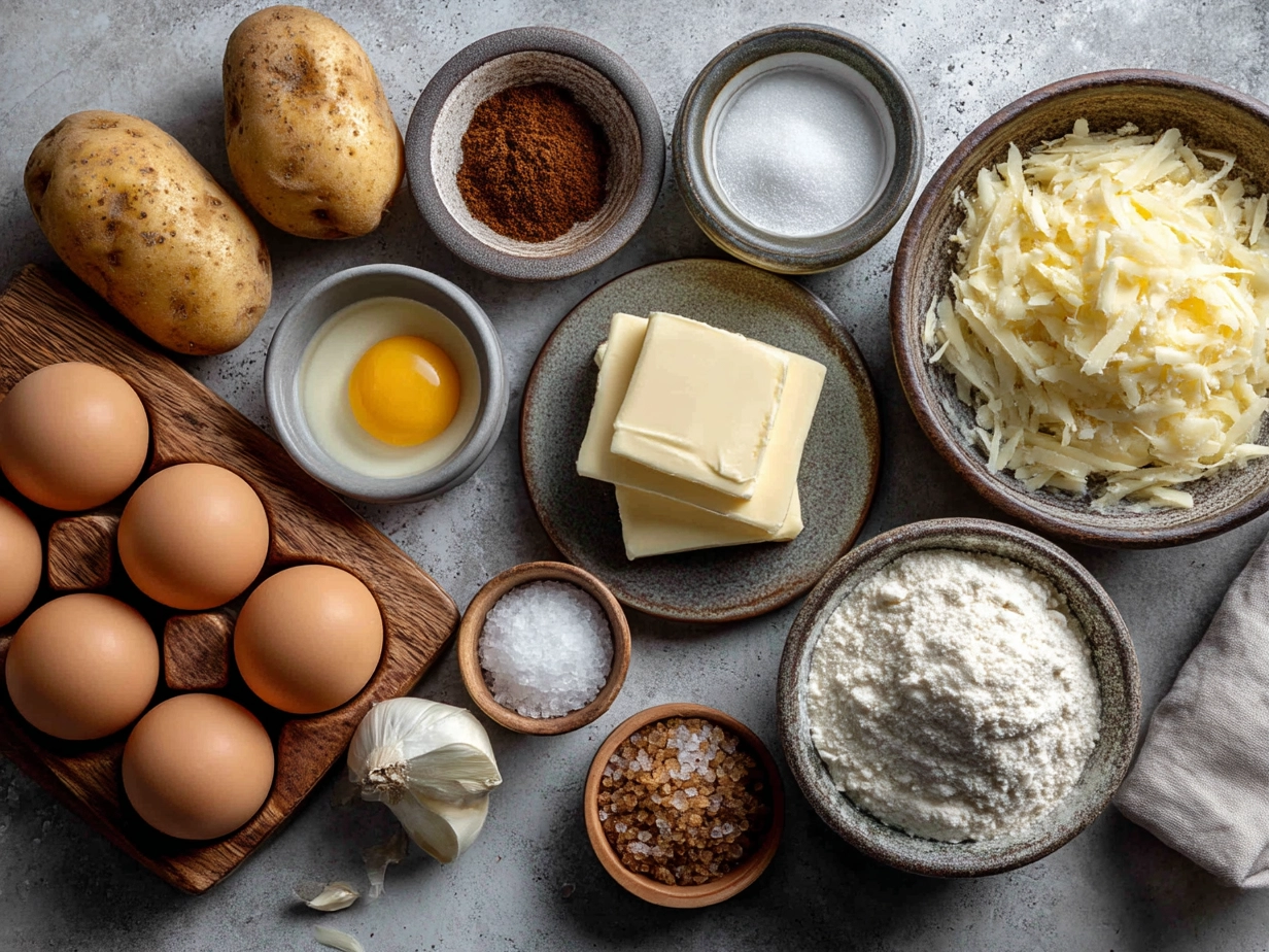 Ingredients for creamy potato soup including Yukon Gold potatoes, leeks, garlic, butter, and broth