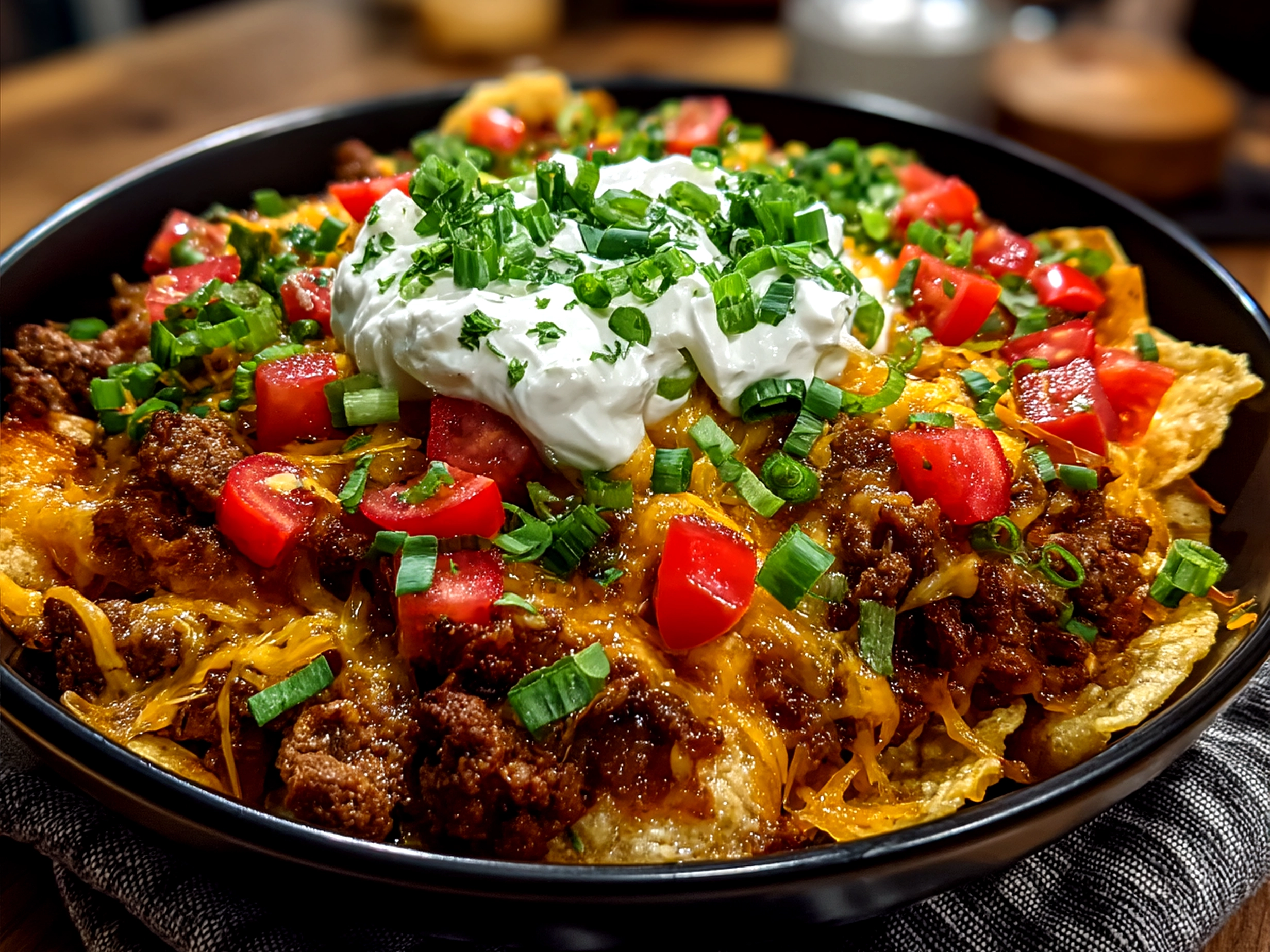 Final presentation of a Ranch Taco Party Bowl with layered fresh vegetables, cheese, seasoned beef, and ranch dressing